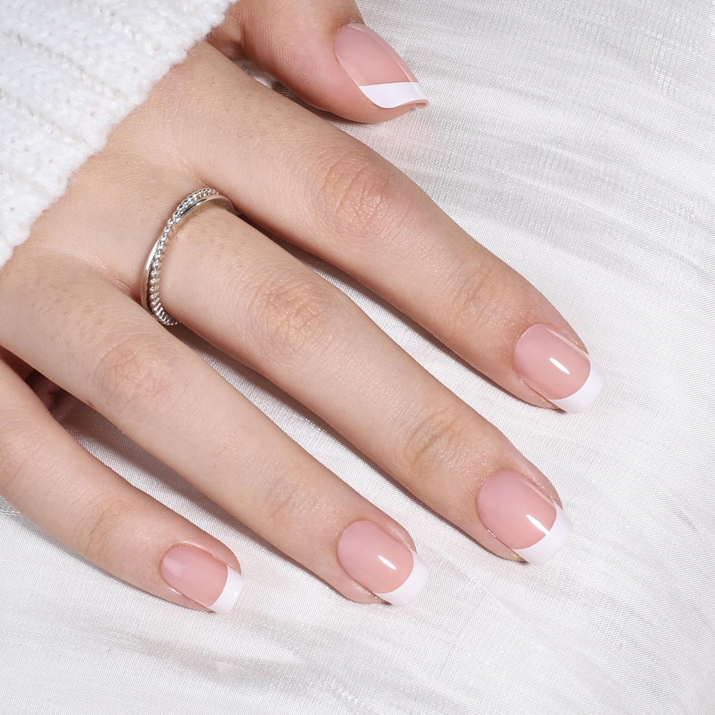Leefrei French Tip Press On Nails Short Square - Nude French Fake Nails with White Tips, Reusable Glue On Nails Kit, 30pcs in 15 Sizes Nails Press ons, Pure French