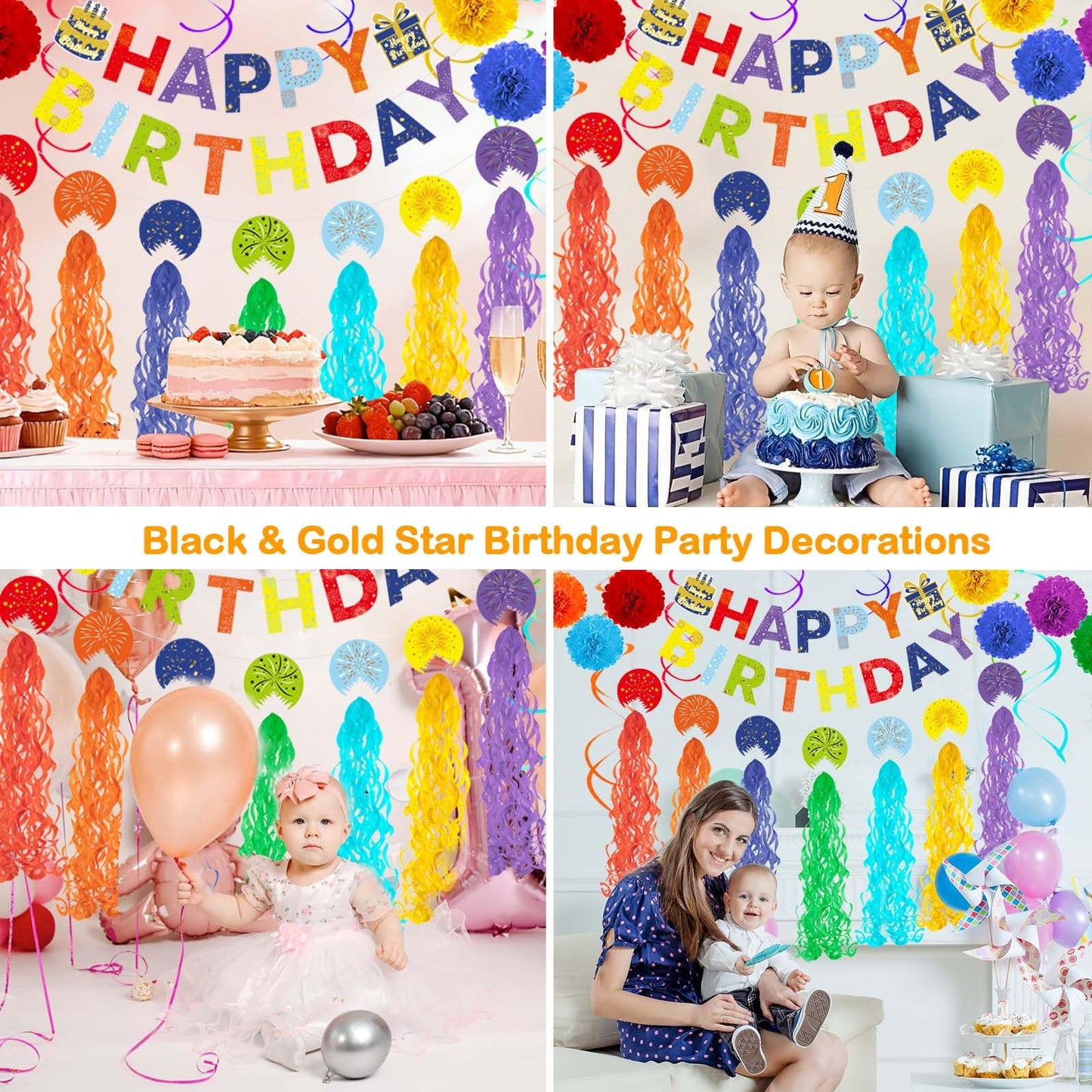 Rainbow Birthday Decorations Kit, 22Pcs Pre-Strung Happy Birthday Banner, Hanging Swirls & Paper Flowers for 21st 30th 40th 50th 60th Milestone Birthday Party Supplies