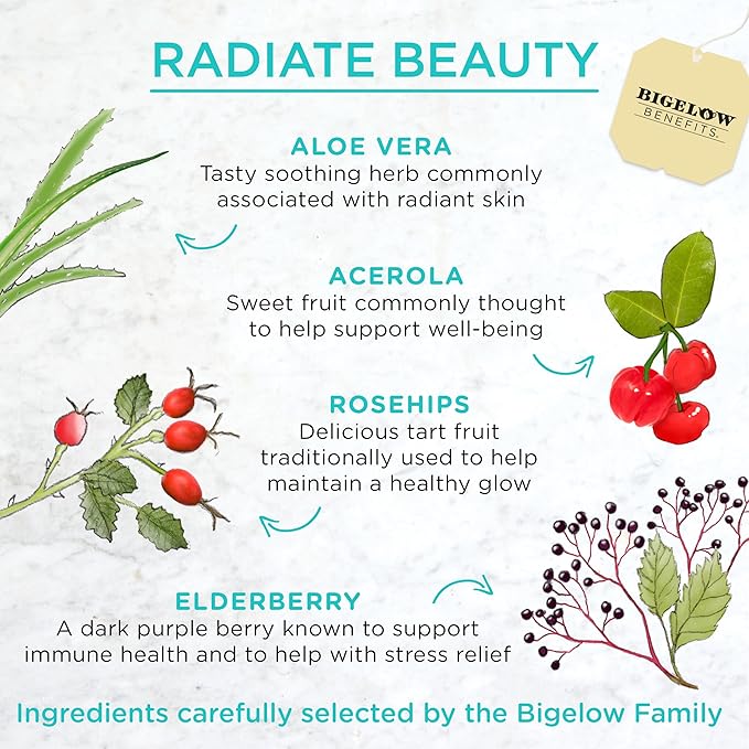 Bigelow Tea Benefits Radiate Beauty Blueberry and Aloe Herbal Teabags Box, Caffeine Free, 18 Count, Pack of 6
