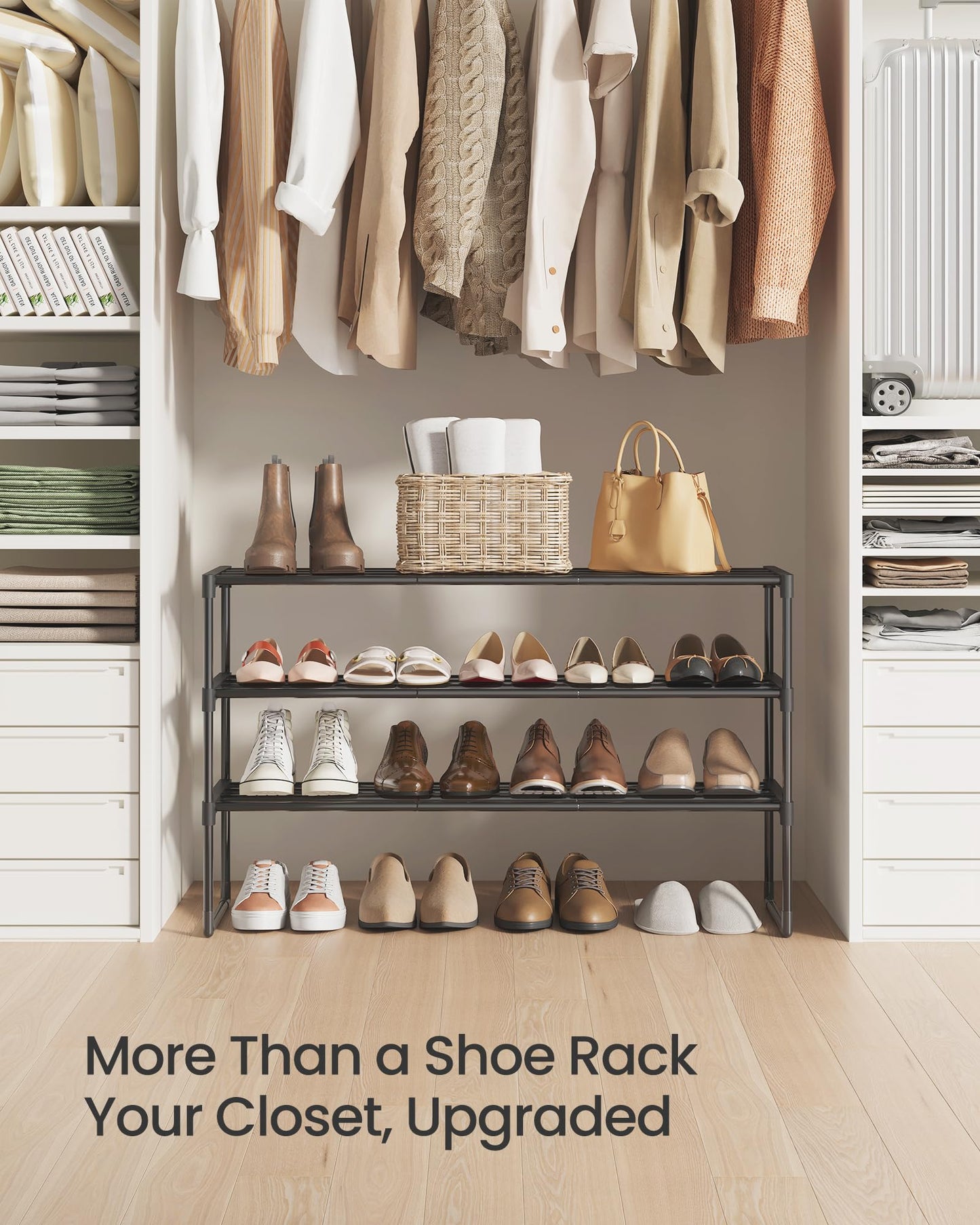 SONGMICS Shoe Rack, 3-Tier Shoe Organizer, Metal Storage Shelf, Upright or Upside Down, for 16-20 Pairs, Stackable, for Entryway, 11.8 x 36.2 x 21.7 Inches, Black ULSA303B02