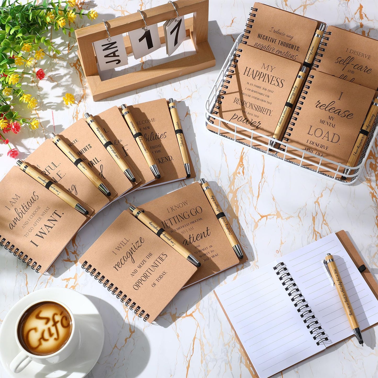 Pasimy 24 Pcs/12 Set Bulk Positive Affirmation Spiral Notebooks with Bamboo Pen Daily Affirmation Gift Set Motivational Encouragement Notepad Small Journals 5.5 x 3.9 Inch for Women Self Care