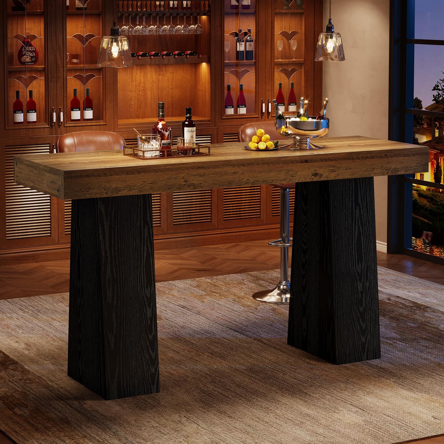 Tribesigns 63-Inch Bar Height Table, Wood Rustic Counter Height Table, Rectangular Home Bar with Thickened Tabletop and Sturdy Base for Kitchen, Dining Room, Living Room, Pub, Brown & Black (1)