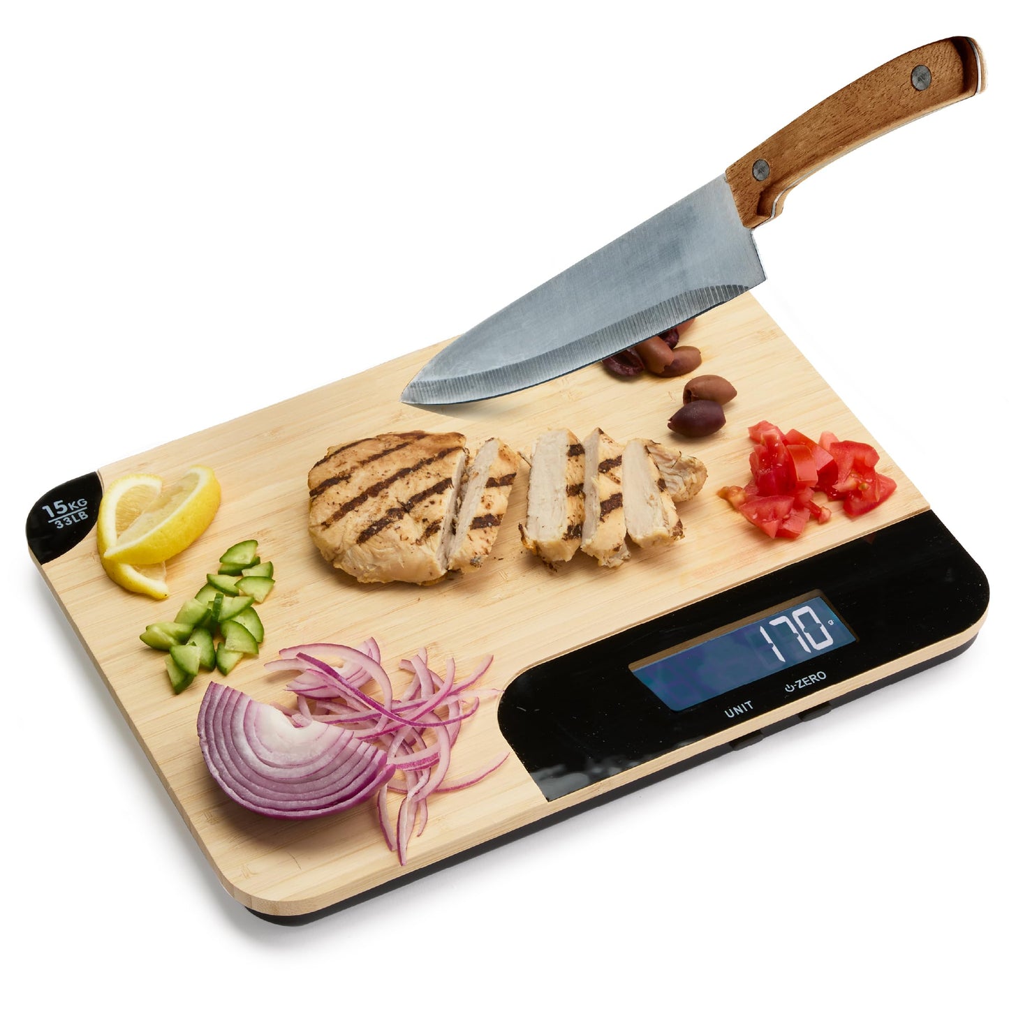Sharper Image Bamboo Cutting Board & Digital Food Scale, 33 lb Capacity, Measures Grams & Ounces, Multi-Functional for Food Prep, Baking, Dieting, Portion Control, Kitchen Gadgets Gift