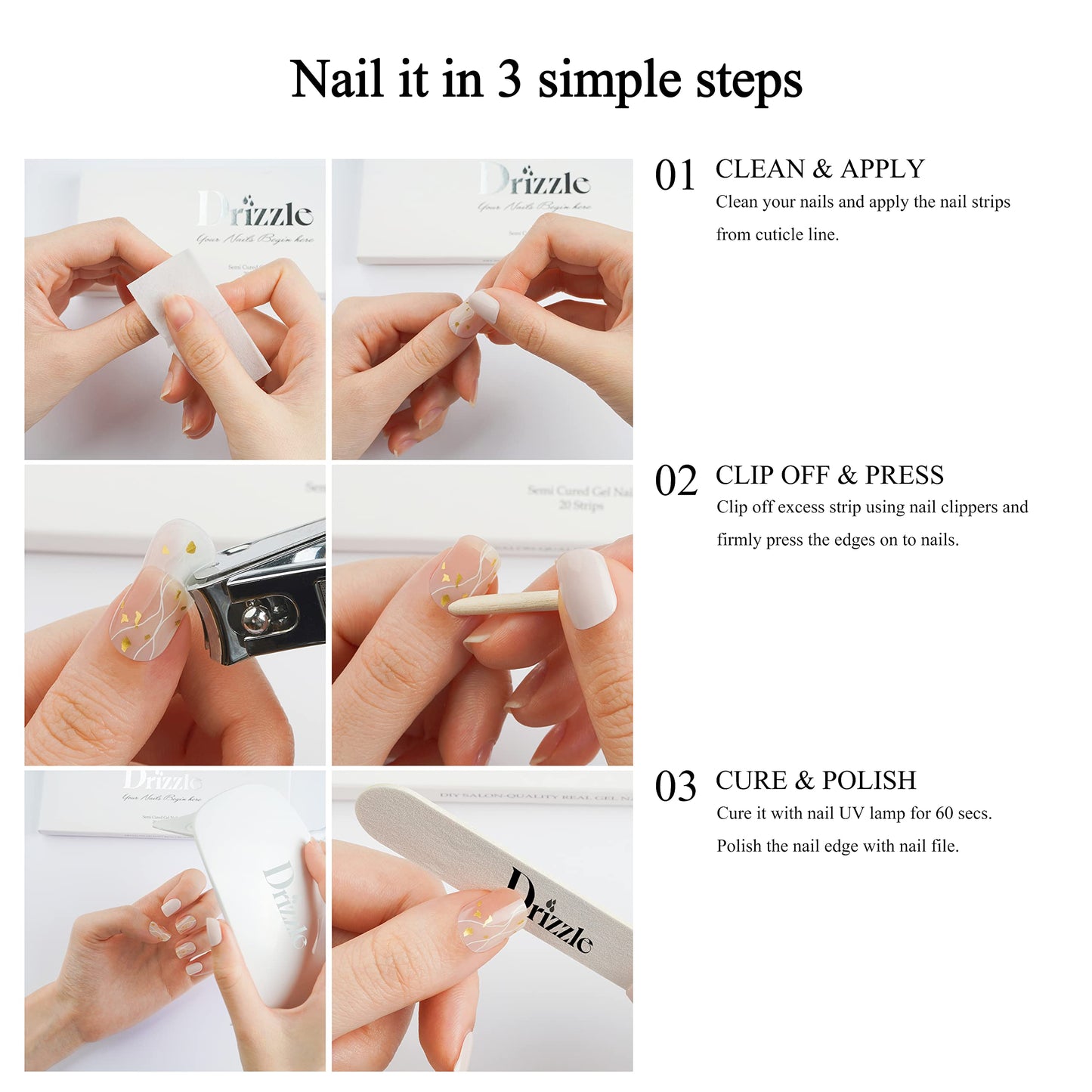 Drizzle Semi Cured Gel Nail Strips, Real Nail Polish Art Stickers (UV/LED Light Required), Glossy, Glitter, Solid Color, Full Nail Wraps Long Lasting, Nail Strips Decal for Women (Jasper)