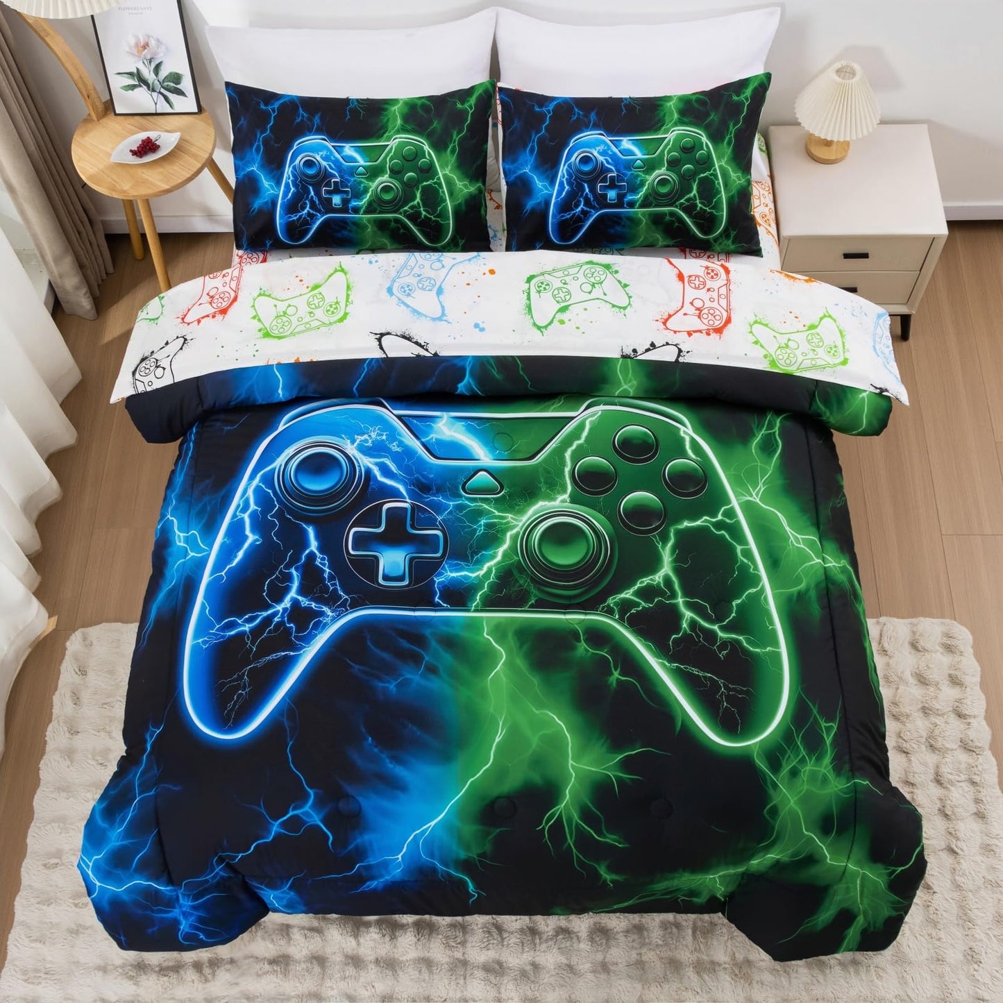 Meeting Story Gaming Bedding Set Twin, 3D Game Controller Design Twin Comforter, Gamer Themed Bedding Set for Boys, Suitable for All Seasons(Bluegreen)