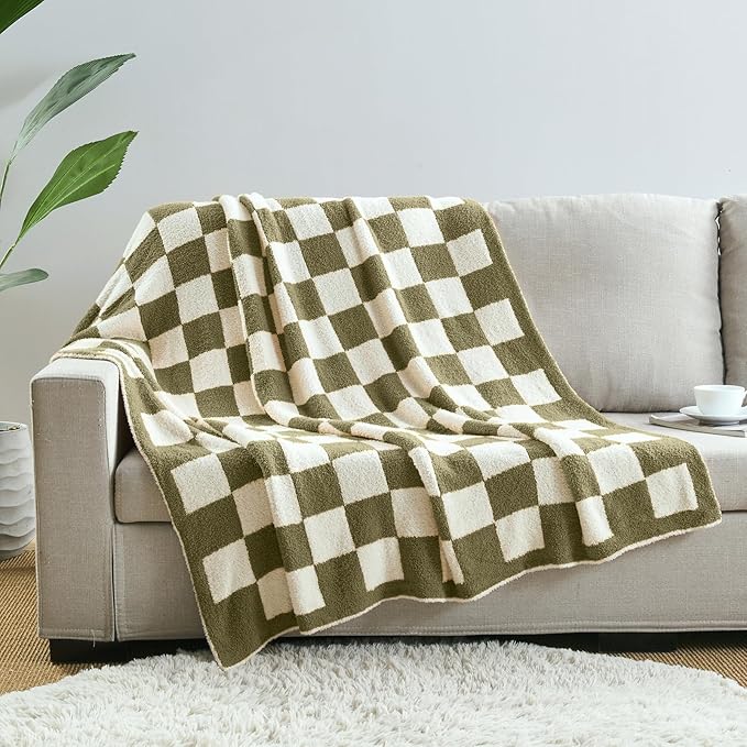 CozeCube Checkered Blanket, Ultra Soft Cozy Olive Green and White Throw Blanket, Warm Cozy Knit Fuzzy Plush Checkerboard Throw for Couch Bed Sofa, 60"x80"