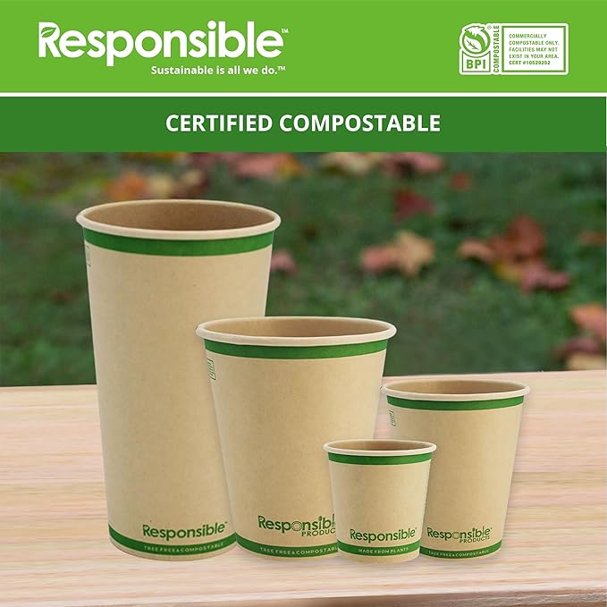 Responsible Products 20 oz Paper Hot Cups, Tree-Less™ Compostable Paper Coffee Cups, Extra Strength, Tree-Free and Made Without PFAS, Natural Brown (1000 Count)