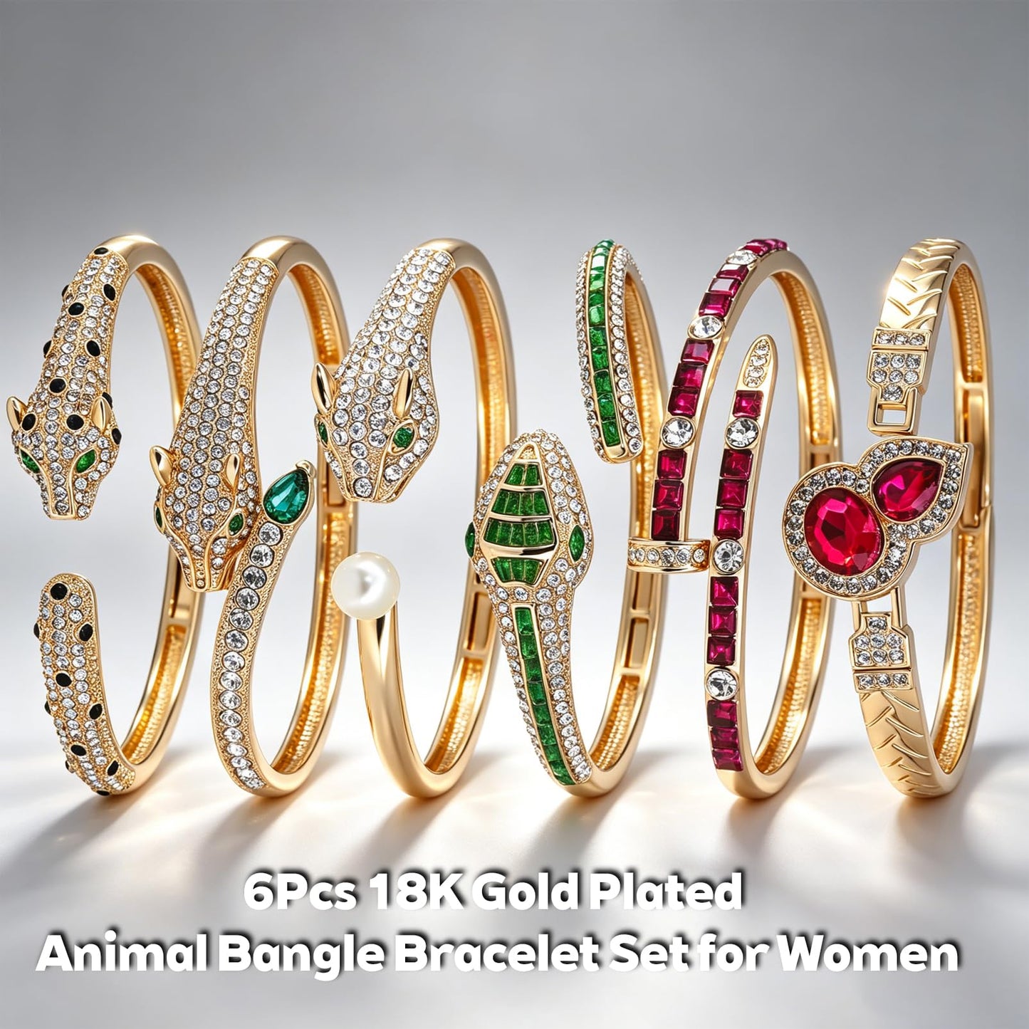 6PCS Gold Designer Bangle Bracelet Set for Women, Wild Luxury Animal-Pattern Design Style, Zinc Alloy with Cubic Zirconia, Stackable, Ideal Gift for Birthday Christmas Valentine's Day Mother's Day