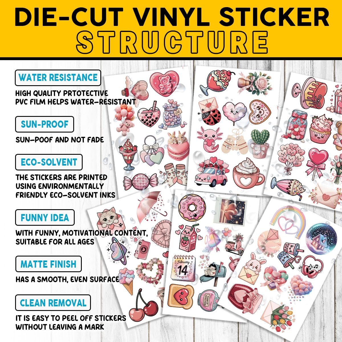 60 Pcs Cute Kawaii Valentine Stickers Pack – Romantic Love Heart, Donut, Bear & Cupcake Vinyl Decals for Water Bottles, Laptops, Journals & Gift Wrapping, Aesthetic Pink Love Stickers Set (Valentine3)