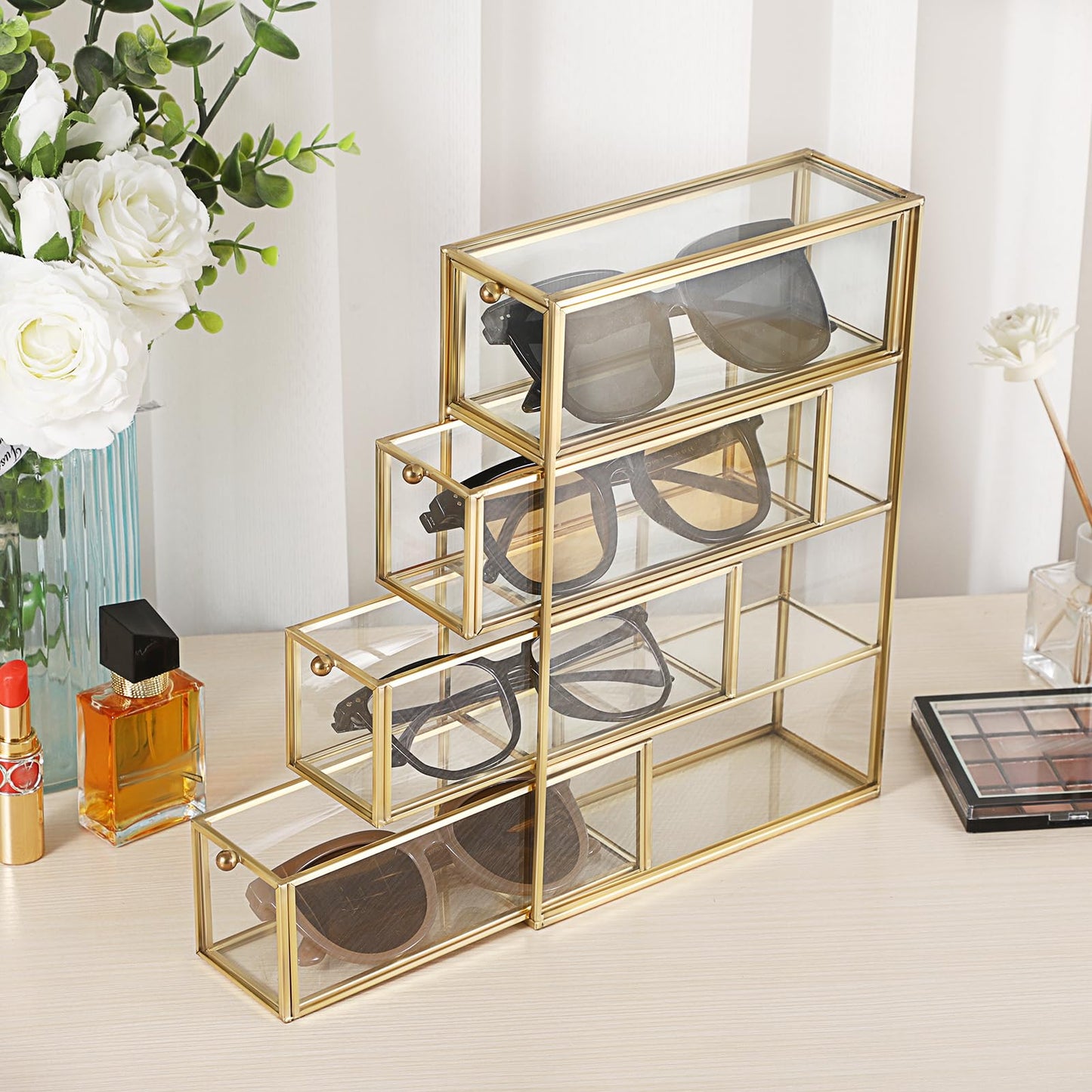 Hipiwe Sunglasses Organizer Box with 4 Drawers, Gold Metal Eyeglass Storage Holder Eyewear Display Case, Clear Glass Multiple Drawer Organizer for Glasses Jewelry Watch Vanity Makeup