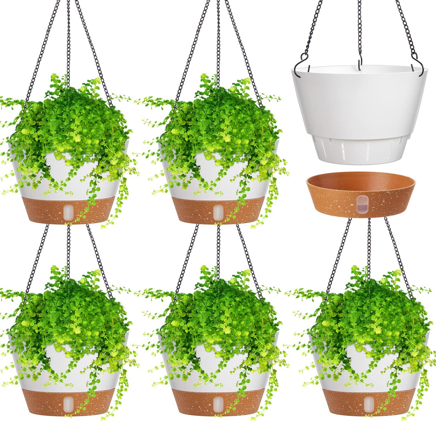 Amyhill 6 Pcs 8 Inch Hanging Planter for Indoor Plants Self Watering Hanging Pot Baskets with Drainage Hole Visible Water Level Tray with Hooks for Garden Outdoor(White)