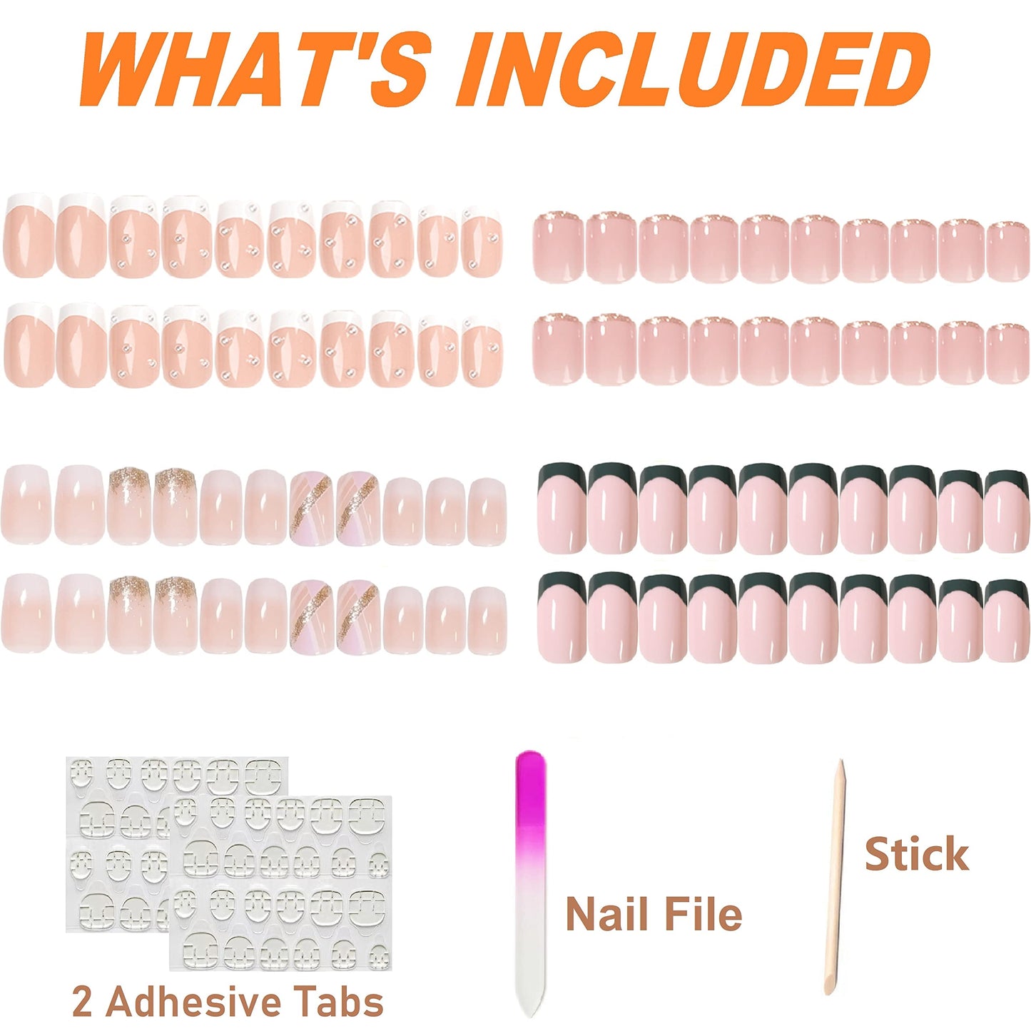 Medium Press on Nails Square French Fake Nails Full Cover Colorful Acrylic False Nails for Women and Girls 96PCS