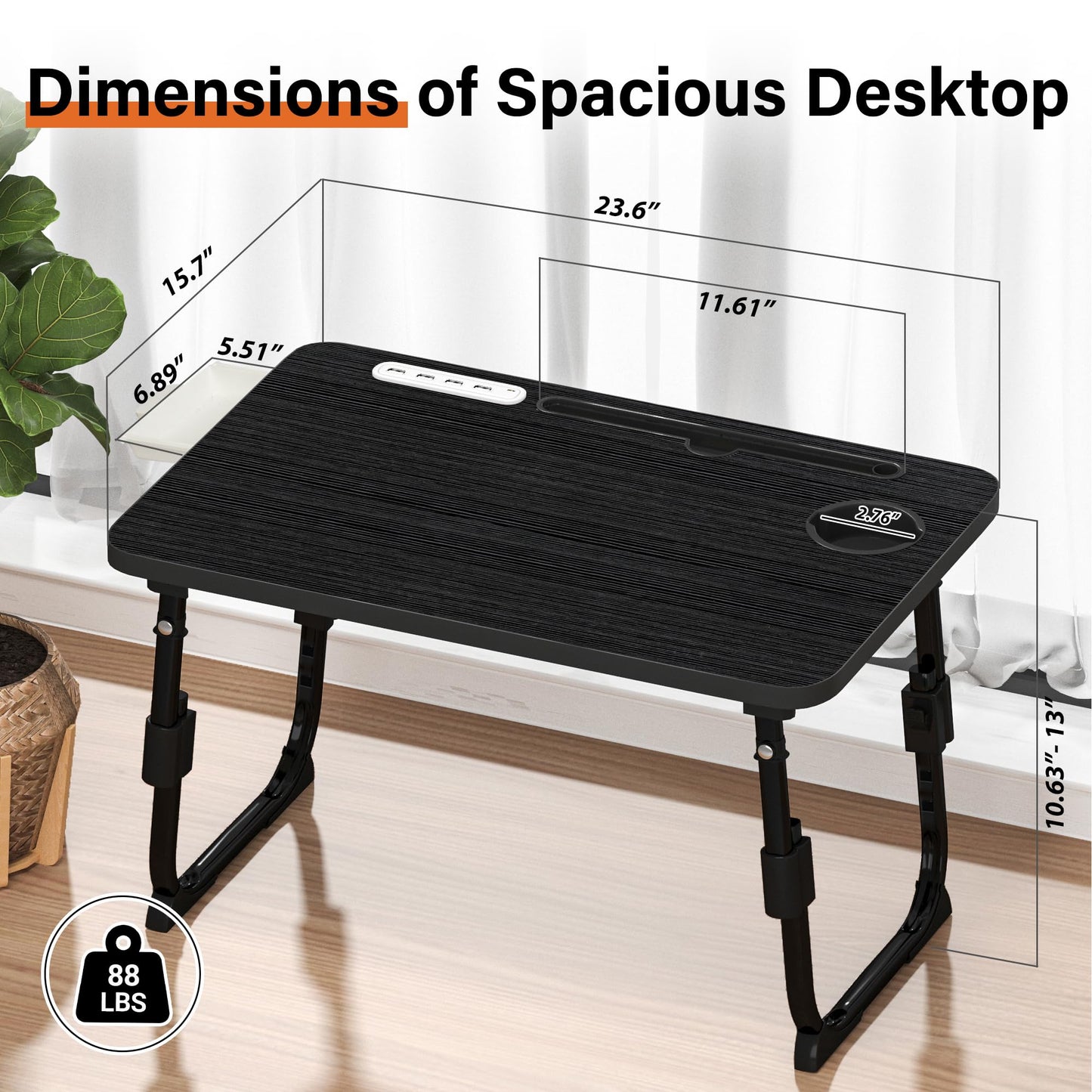 DECOSIS Laptop Desk for Bed Height Adjustable, Lap Bed Table with USB/Storage Drawer/Cup Holder/Tablet Stand/Book Shelf, Foldable Breakfast Tray Portable for Reading Writing, Sofa & Floor, Black