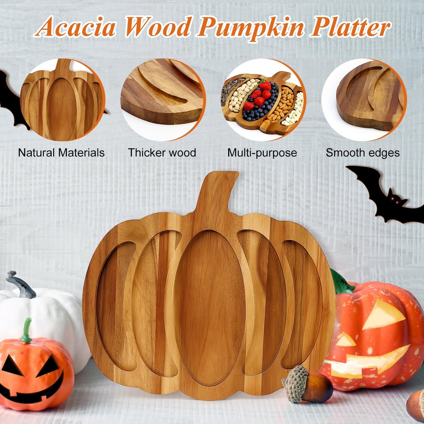 Renawe Acacia Wood Pumpkin Decor Halloween Charcuterie Boards for Kitchen Halloween Decoration Rustic Fall Serving Tray Food Dish Wooden Pumpkins Platter Thanksgiving Decorative Cheese Turkey Board