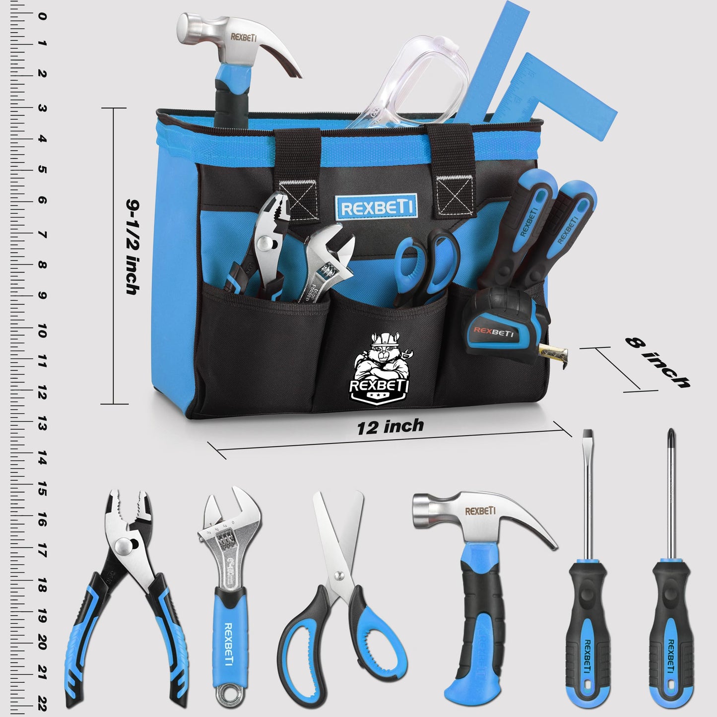 REXBETI 10-Piece Kids Tool Set with Real Hand Tools, Blue Durable Storage Bag, Children Learning Tool Kit for Home DIY and Woodworking,6+ Years Old Birthday Gift