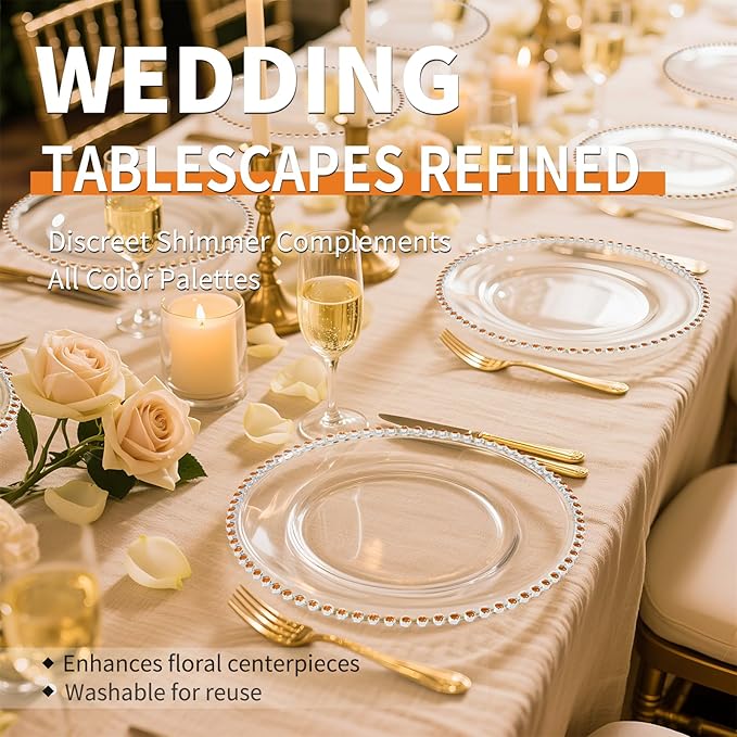 24 Pack Clear Charger Plates Bulk Wedding, 13 Inch Plastic Round Dinner Chargers with Orange Beaded Rim, Acrylic Round Decorative Plates for Wedding Party Home and Tabletop Decor (Orange)