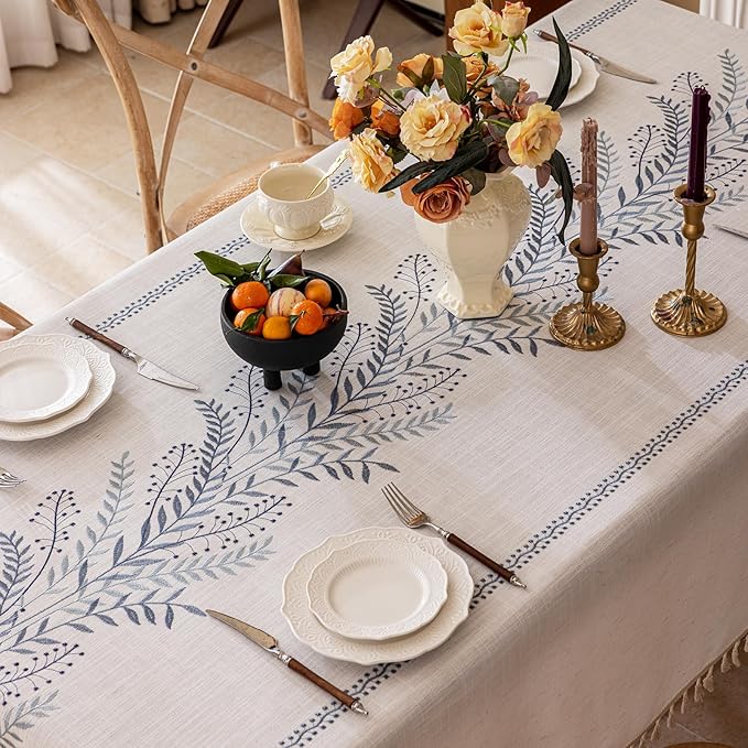 Joyfol Day Rustic Waterproof Linen Tablecloth, Heavy Weight Fern Embroidery Table Cloths for Rectangle Tables, Farmhouse Spill-Proof Table Covers with Tassels, Blue 55''x 70''