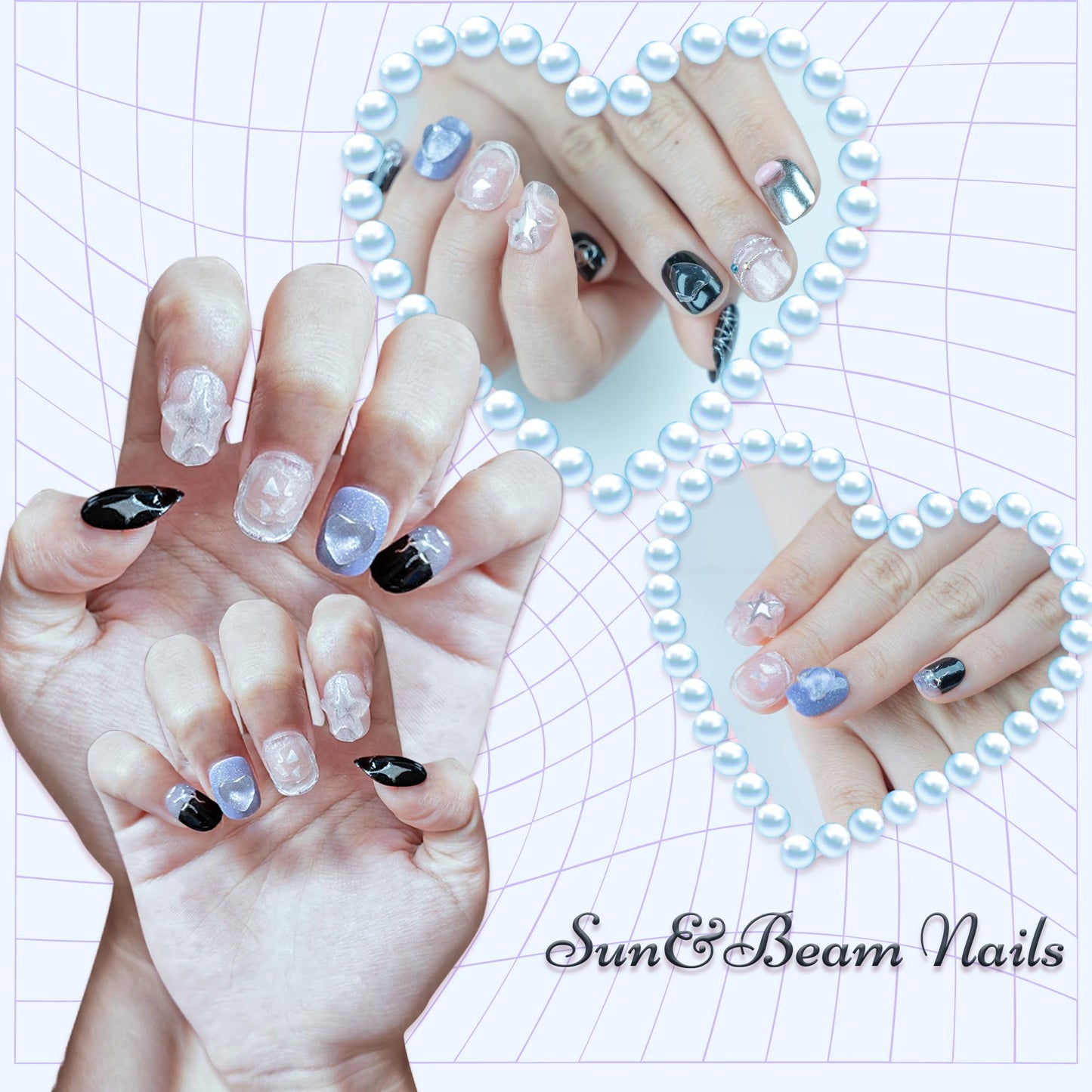 Sun&Beam Nails Handmade Press-on Short Squoval Round Silver Purple Black White Glitter Cartoon 3D Design Fashion False Nail Tips 10 Pcs Set (#168 M)