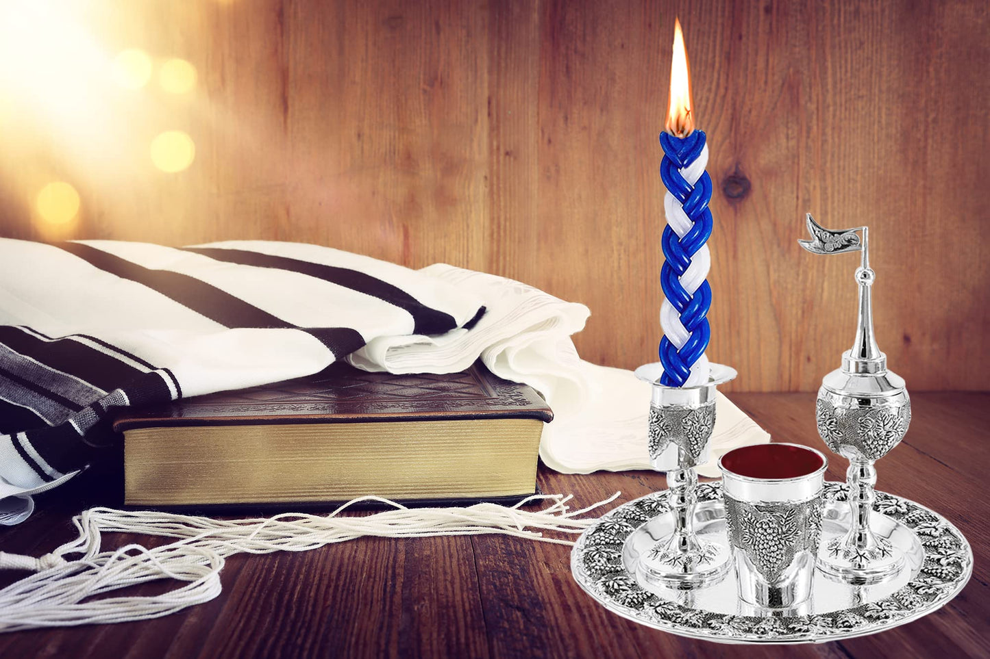 The Dreidel Company Havdalah Set, Grape Theme Wine Goblet, with Candle and Spice Incense Holders, Silver Plated