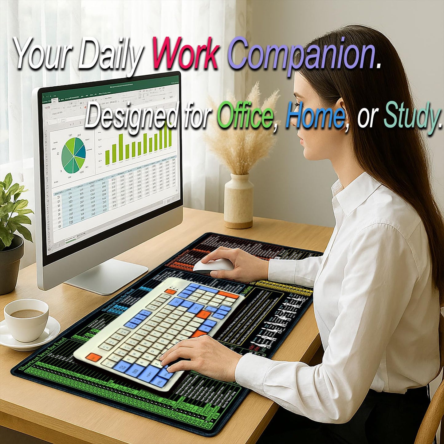 Raryine Excel/Word/Power Point/Windows Mouse pad,Non-Slip&Waterproof Large Gaming Office pc Desk mat(XXL 35.4x15.8 in),Over 200 Keyboard Shortcuts Mousepad