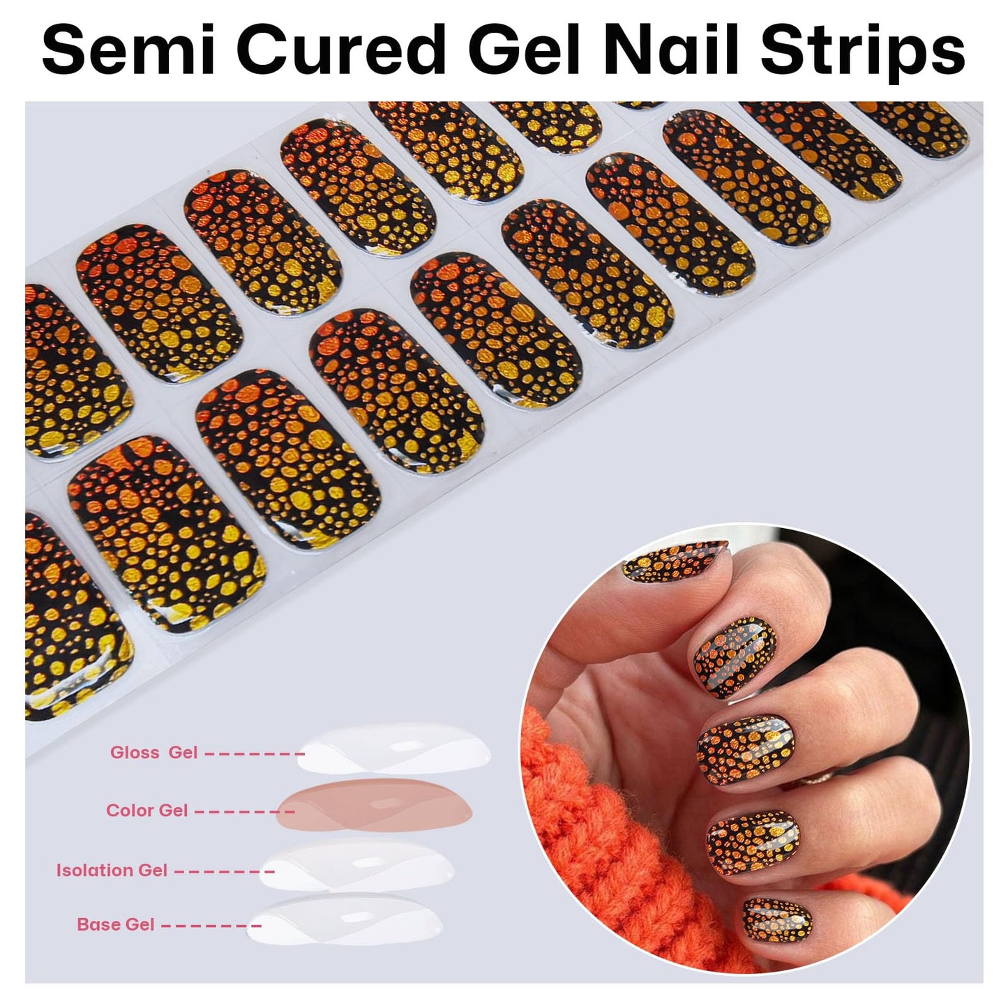 Semi Cured Gel Nail Strips with Gold and Black Designs Fall Gel nail stickers Sparkly Glossy Nail strips Salon Quality & Easy to Use 20 Pcs for Women