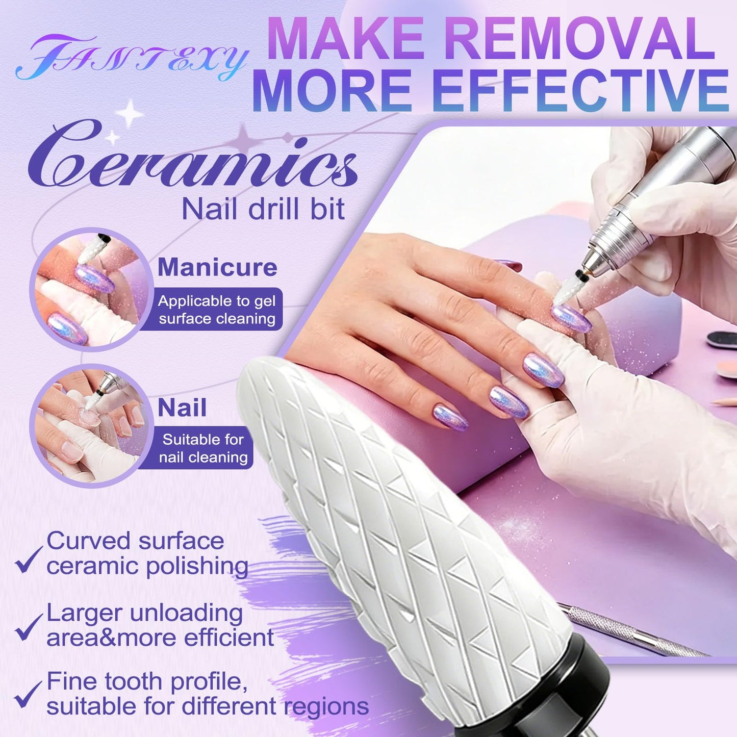 Fantexy Ceramic Nail Drill Bit - 3/32'' Cone Shape White Ceramic Bit for Acrylic & Gel Nails, White Ceramic Cone File Bit for Nail Art,Manicure,Pedicure,Gel,Cuticle Clean(Extra Coarse - XC)