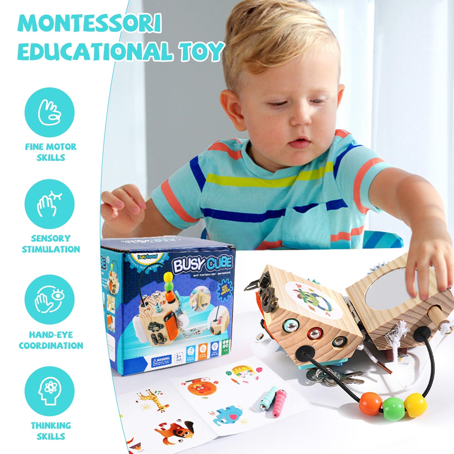Ark miido Busy Cube for Kids 15-in-1 Sensory Busy Board Travel Toy Handmade Montessori Educational Learning Toys Activity Board Wooden Activity Cubes for Toddlers 1 2 3 4 5 Years Old
