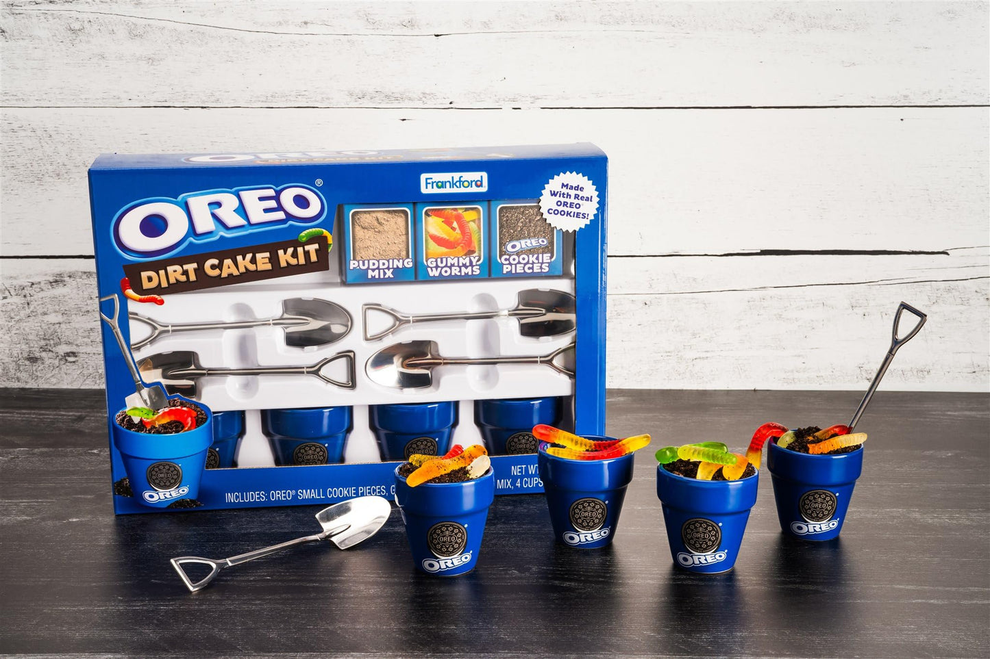 Frankford OREO DIY Dirt Cake Kit with Real Cookie Pieces, Gummy Worms, Chocolate Pudding Mix, Shovel Spoons, and Ceramic Cups