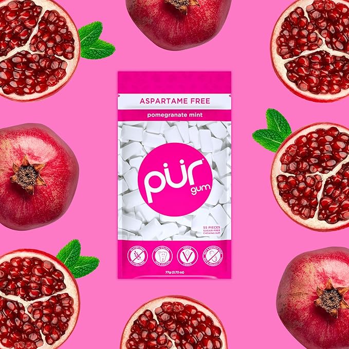 PUR Gum | Aspartame Free Chewing Gum | 100% Xylitol | Natural Pomegranate Mint Flavored Gum, 55 Pieces (Pack of 12)