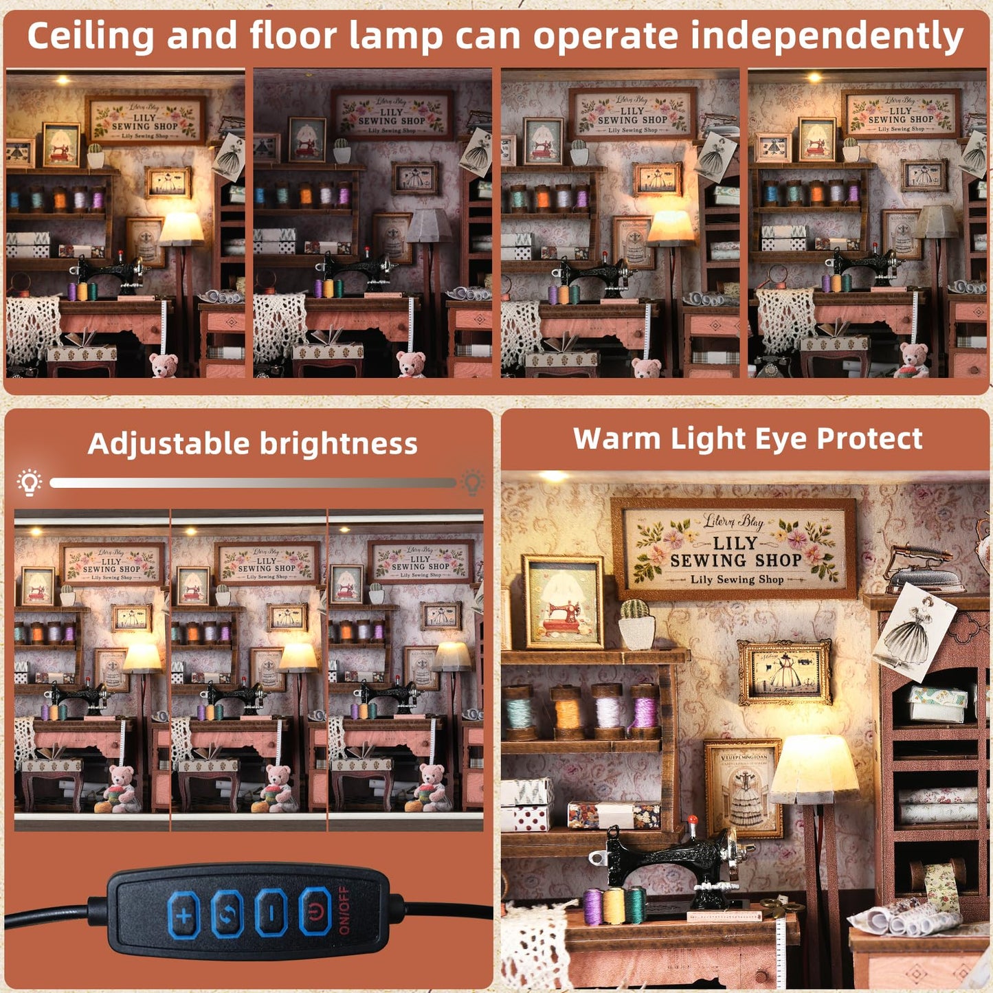 Book Nook Kit - 3D Wooden Puzzle with LED Switch Control & Wall-Mountable Frame，DIY Miniature House for Beginners，Bookshelf/Tabletop/Wall Decor for Craft Lovers，Dollhouse Gift (Lily Sewing Shop)