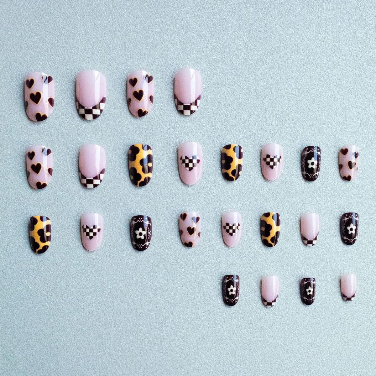 Brown Press on Nails Medium Oval Fake Nails French Tip Nails Press ons with Flower, Checkered Heart Design,Cute Reusable Artificial Nail Full Cover Stick on Nails for Women Manicure 24Pcs