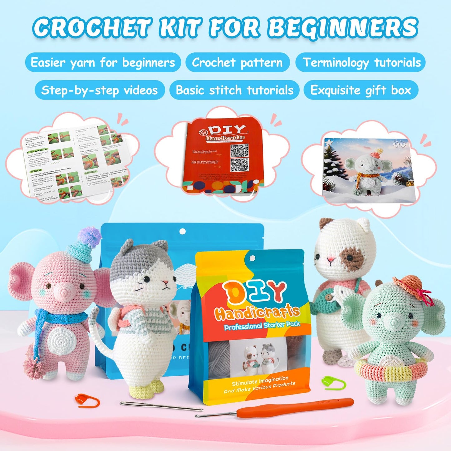 ISTORAGE Crochet Kit for Beginners, 2PCS Elephant Beginner Crochet Kit Crochet Starter Kit DIY Crochet Animals Kits Knitting Supplies, Easy Knitting Kit