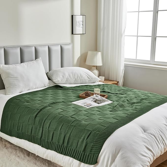 CozeCube Check Knit Throw Blanket,Christmas Green Checkered Bedroom Blanket for Couch, Soft Cozy Warm Knitted Blanket for Bed Sofa Living Room, Decorative Spring Fall Throw Blanket, 60"X80"