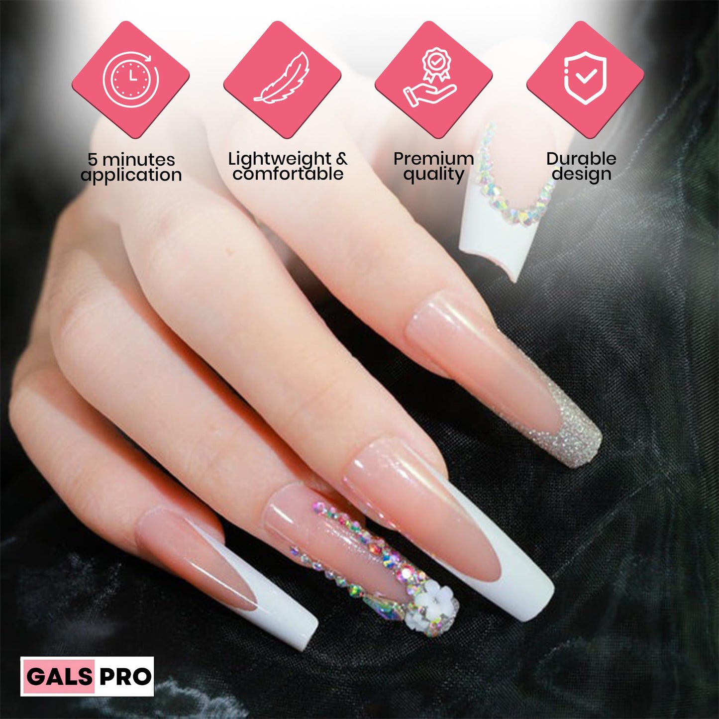 GALSPRO Long Press on Nails - Set of 24 Fake Nails with Designs in 12 Different Sizes for Perfect Fit, Cute False Nails Kit for Women with 0.07oz Nail Glue, A Double Sided Nail File & Cuticle Stick