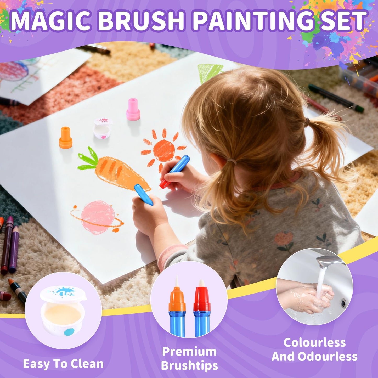 MINDNOOK Magic Brush Painting Set for Kids, Mess Free Art Station with Color-Changing Brush for Creative Learning at Home & School, Gift for Toddlers Ages 3,4,5,6,7,8,9