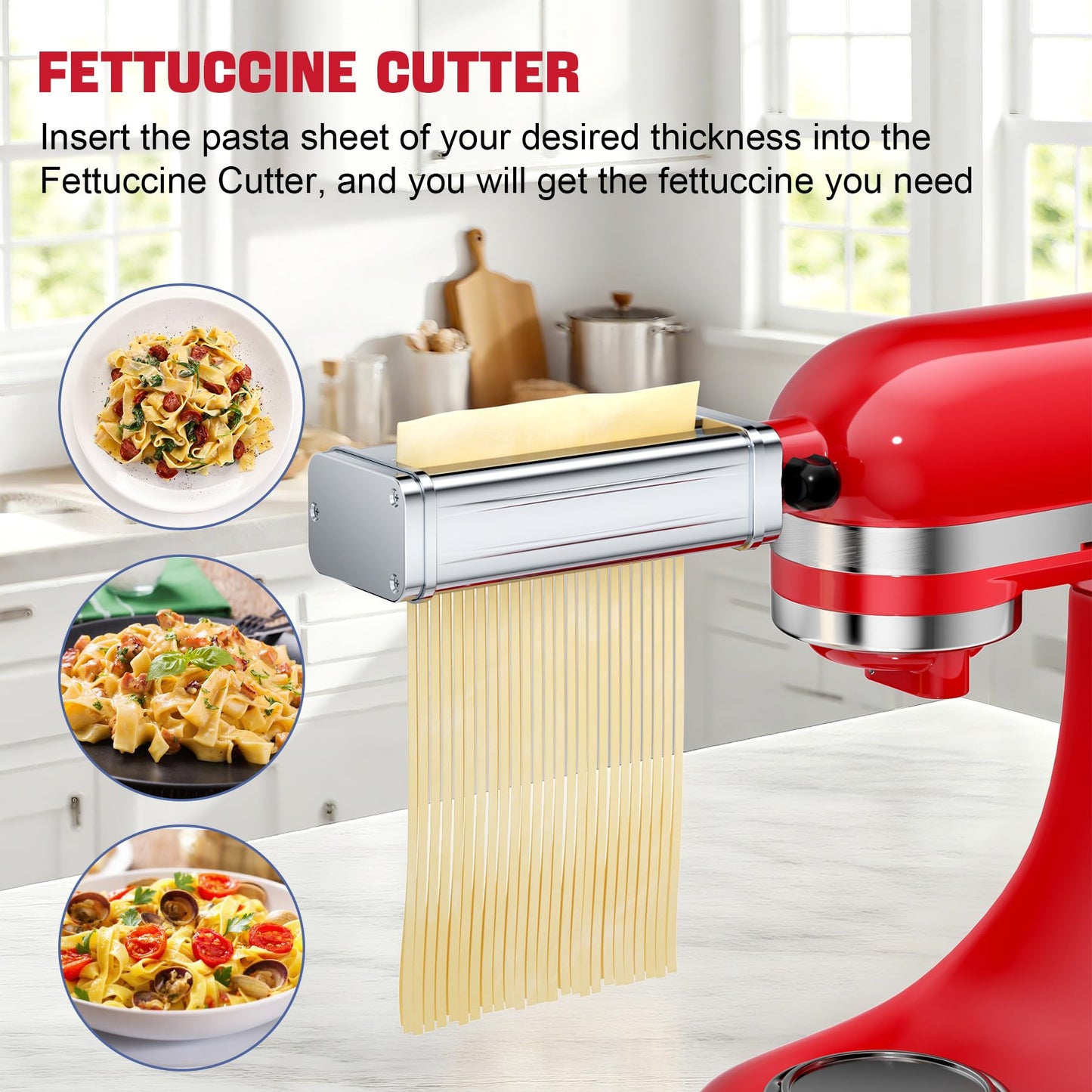 Pasta Maker Attachments Set for all KitchenAid Stand Mixer, including Pasta Sheet Roller, Spaghetti Cutter, Fettuccine Cutter, KSMPRA 3-Piece Pasta Roller & Cutter Set