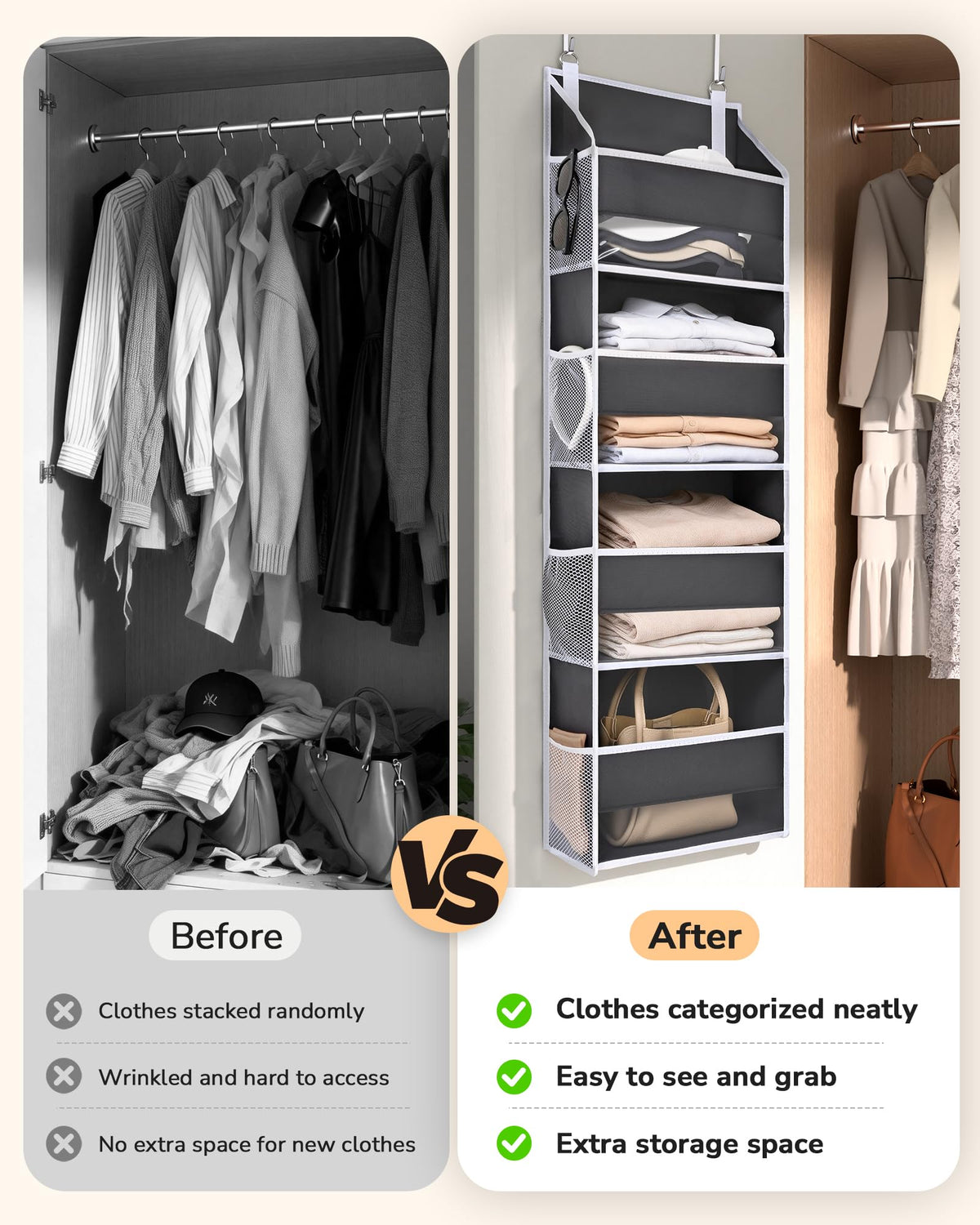 2 Pack Small Over Door Organizer with 4 Large Pockets 8 Mesh Side Pockets (2 Count)