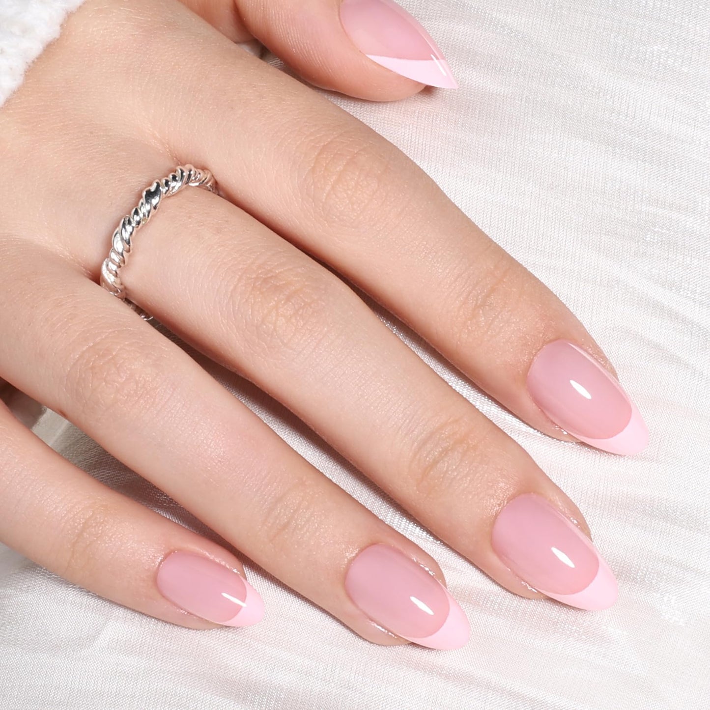 Pink French Tip Press On Nails - Short Almond Fake Nails with Nail Glue, Pink French Tip Press On Nails Reusable Stick On Nails in 16 Sizes 32 Nail Kit for Women | Salon Quality