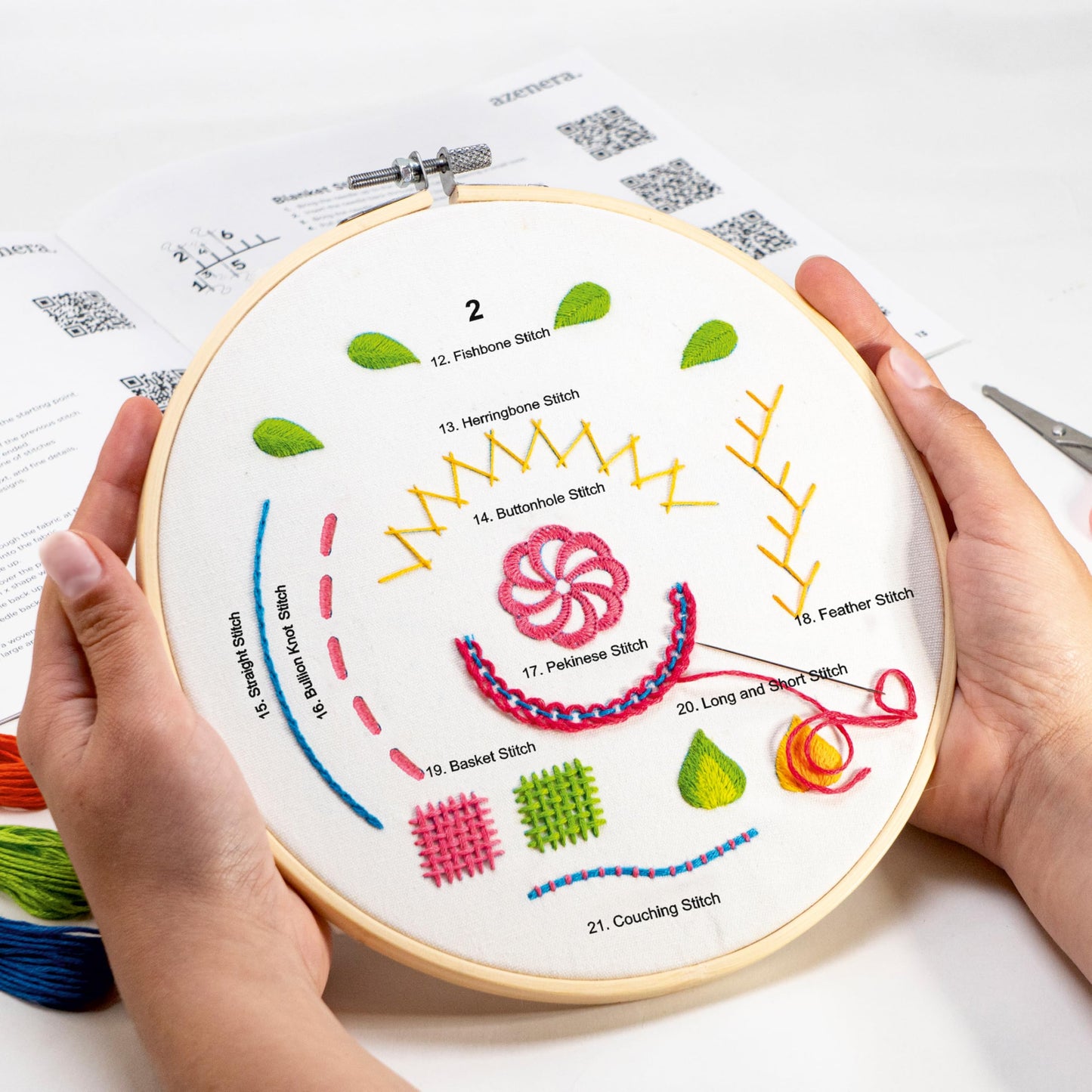 Azenera Beginner Embroidery Kit (4 Pack) Learn 33 Stitches with Easy DIY Video Tutorials, Coloured Design Patterns, Thread Floss, Cross Stitch Hoop, Gift (AZA100)