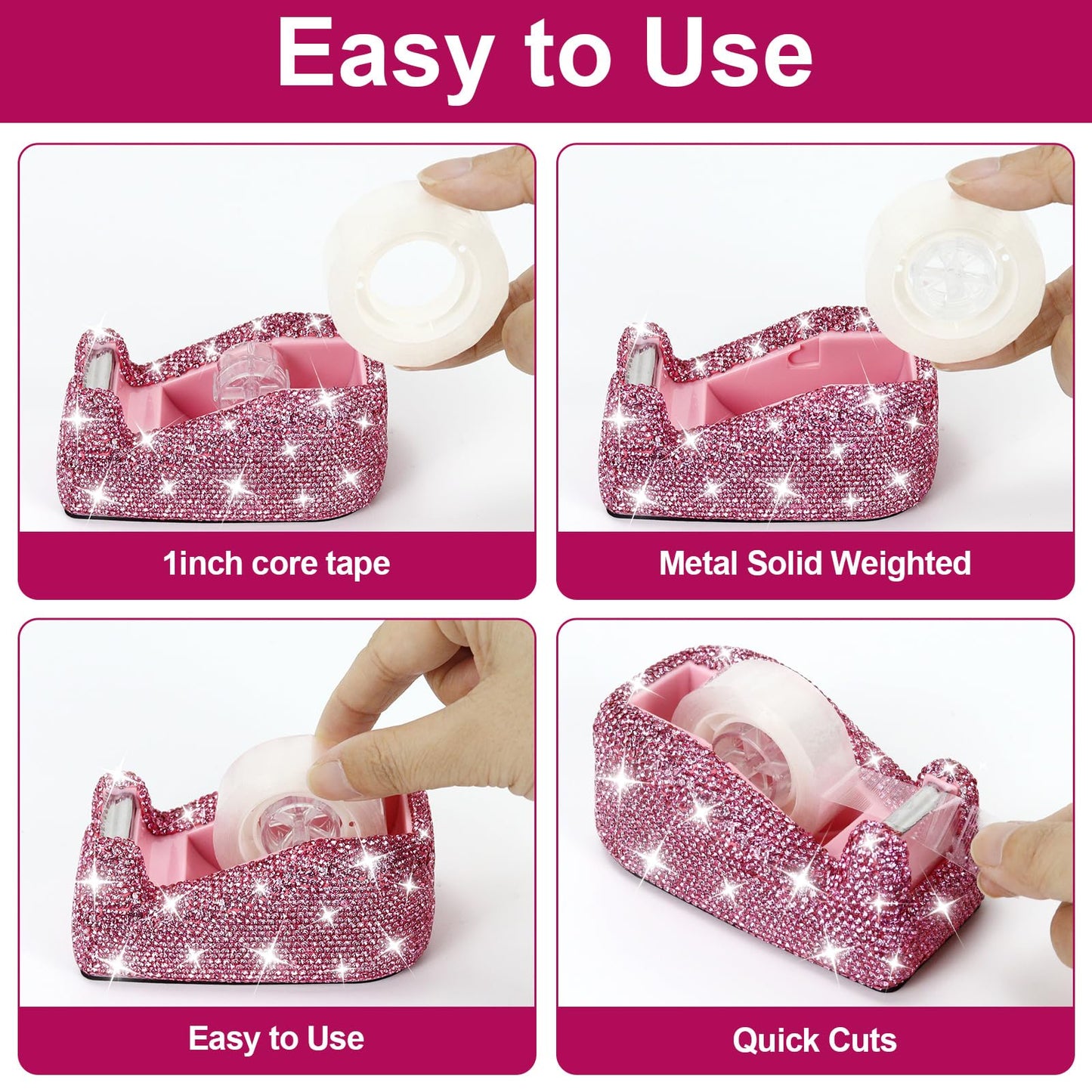 MultiBey 7 Pcs Pink Bling Rhinestone Desk Accessories Set, Crystal Office Stationery Kit with Stapler, Tape Dispenser, Scissors, Drawer Organizer - Glamorous Gift for Home School Office Supplies