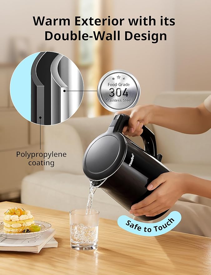 COMFEE' Electric Kettle and Tea Kettle, 1.5L Double Wall, Stainless Steel Interior, Lid & Spout, Fast Boil, Auto-Off, and Boil-Dry Protection, 1500W