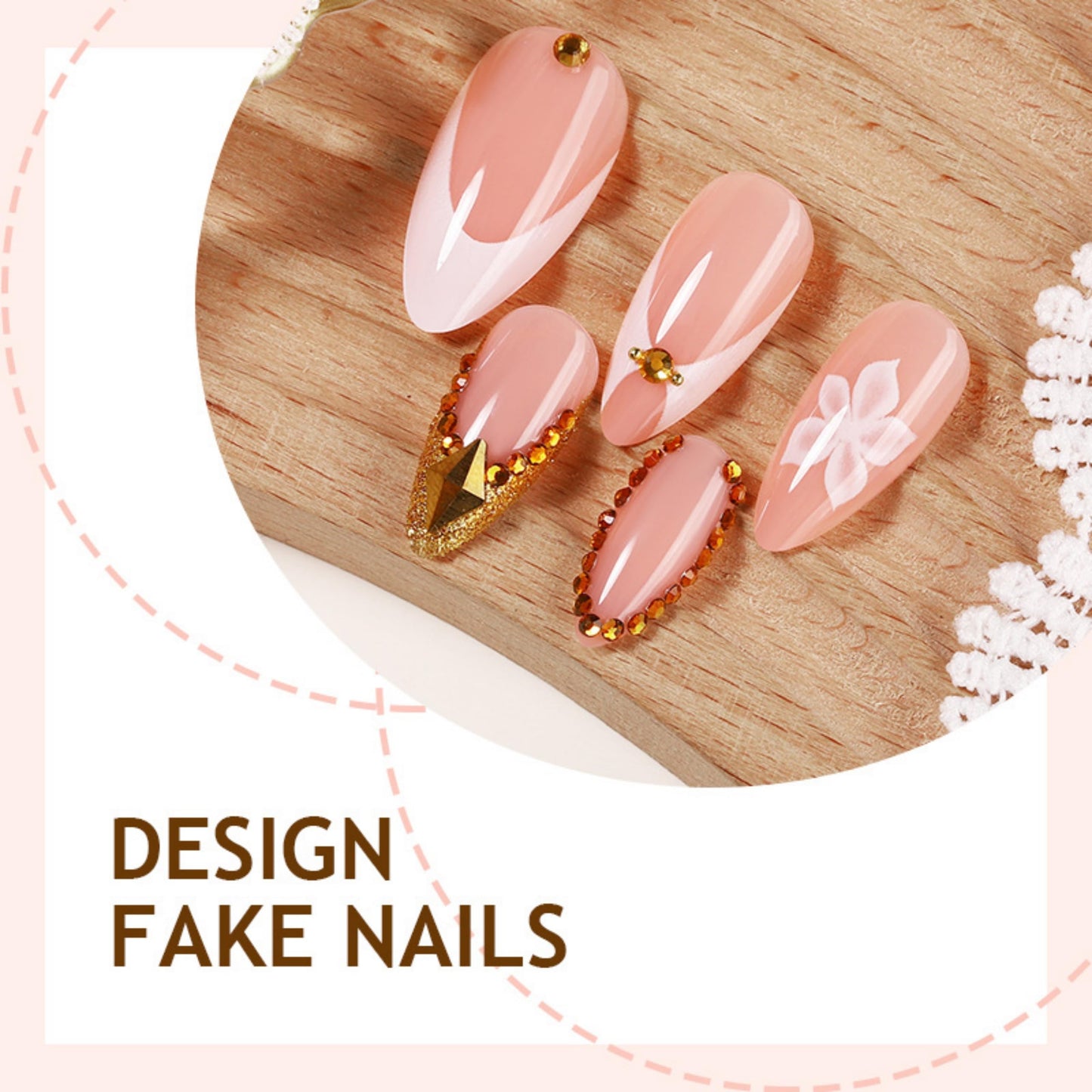 Almond Press on Nails Medium Fake Nails Gold Acrylic Nail Press ons Seeneey 3D Flowers Designs Gold Charm Stick on Nail for Women 24pcs