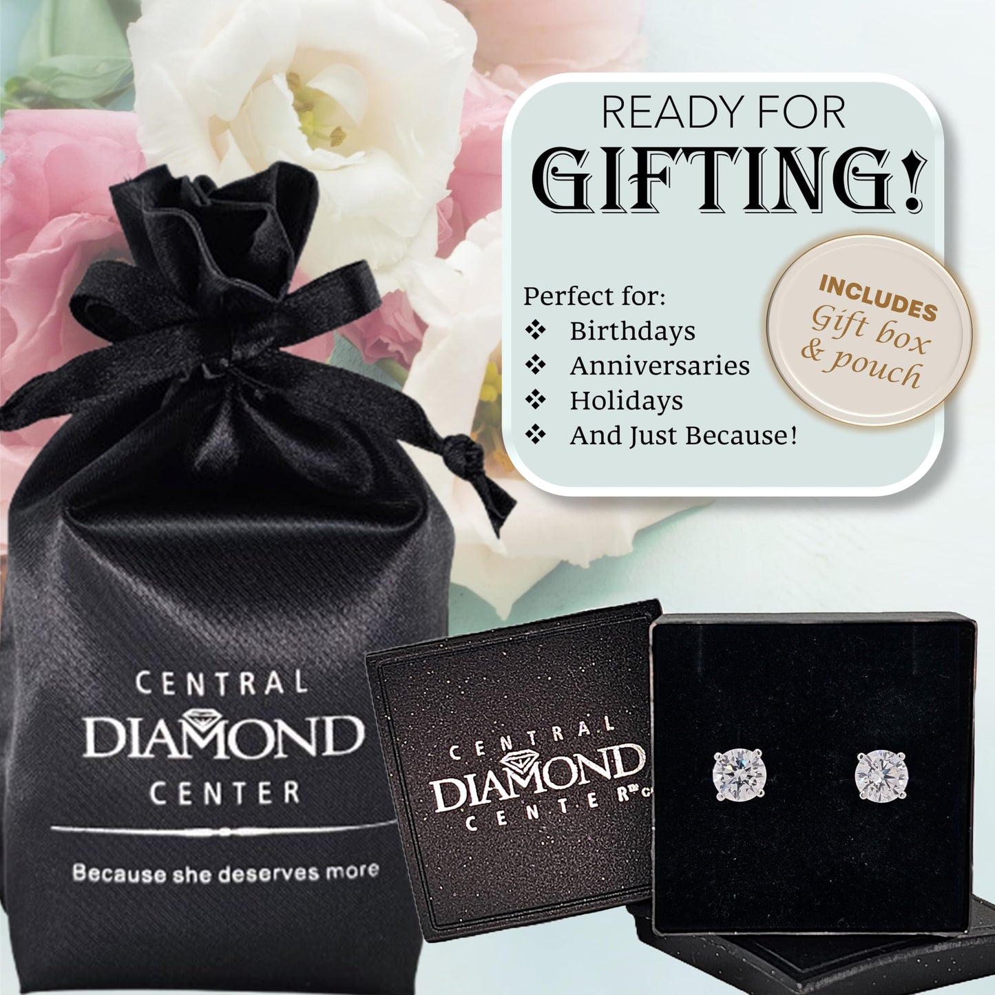 Central Diamond Center 14K Solid Gold Post & Sterling Silver Made with Swarovski 4 Prong CZ Stud Earrings - Platinum Plated - 6.50mm - 2.00cttw