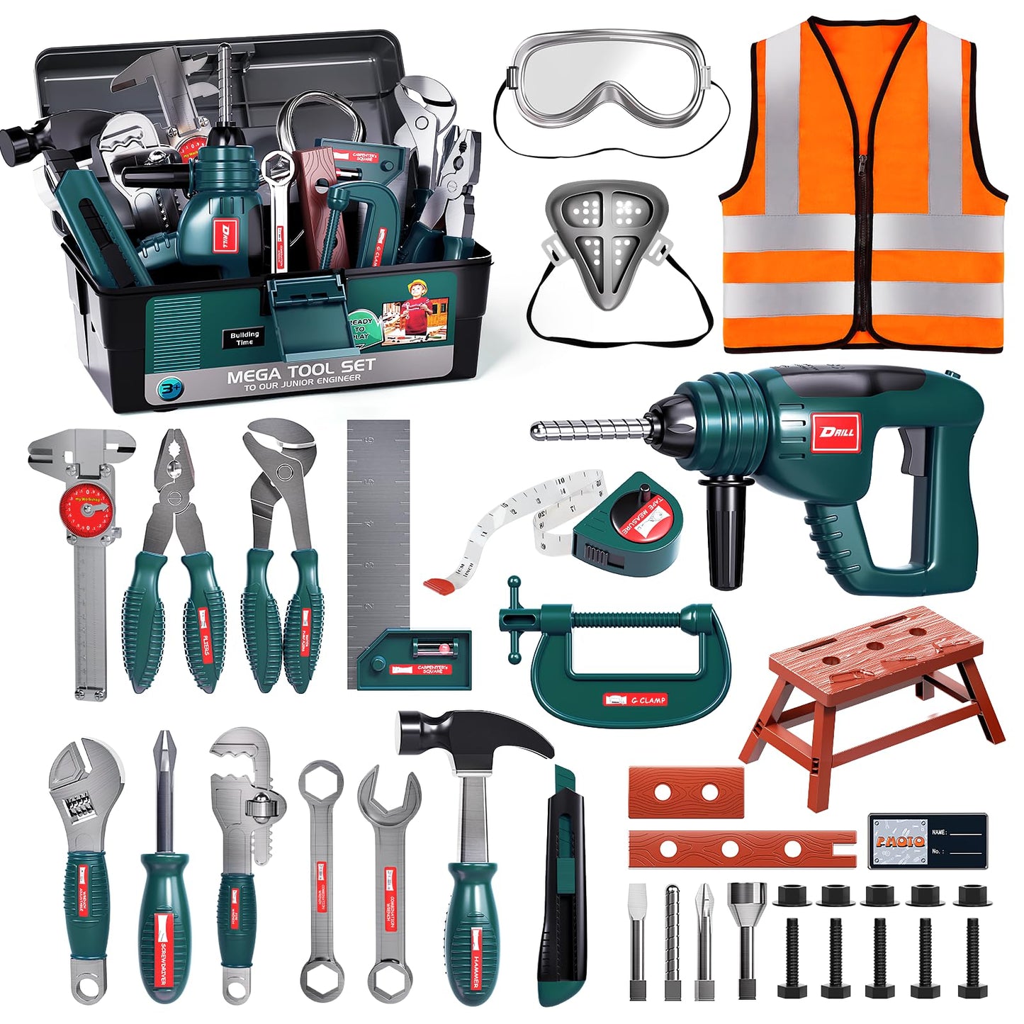 Deejoy Tool Set with Tool Box & Electronic Toy Drill, Pretend Play Kids Construction Kits for Kids Ages 3-5 Years Old, Toddler Boy Toys(Green)