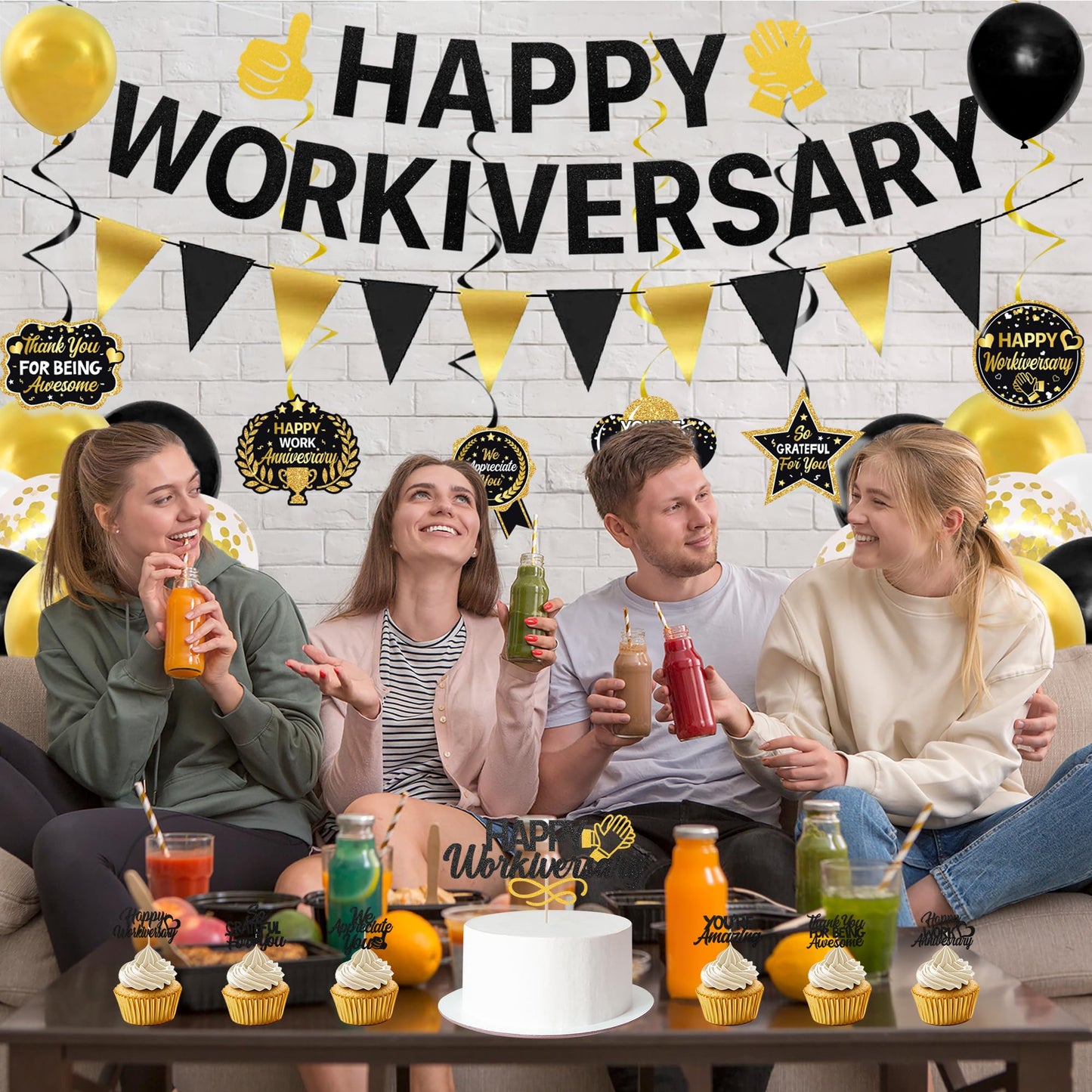 Roetyce Work Anniversary Party Decorations, Black Gold Happy Workiversary Banner Cake Topper Balloons Hanging Swirls, Work Anniversary Backdrop Background for Employee Coworker Office Party Supplies