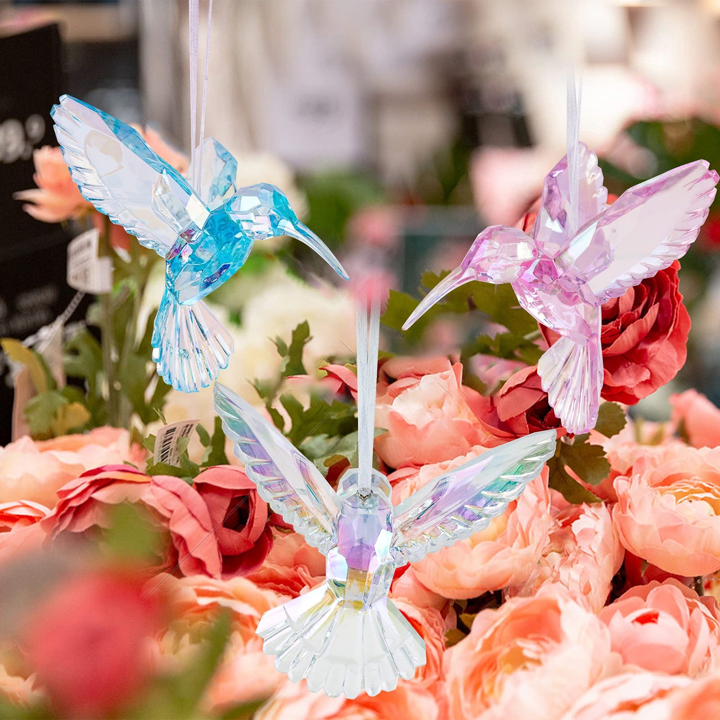 6 Pieces Hummingbird Ornaments Acrylic Hummingbird Figurines Large Crystal Pendants Shiny Iridescent Purple, Blue and Clear Bird Decoration