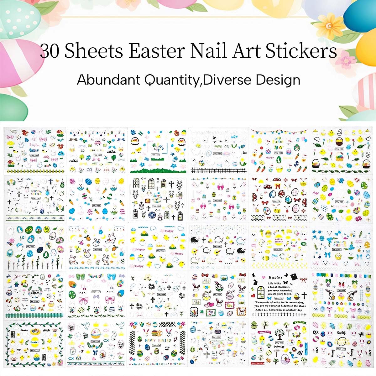 30 Sheets Easter Nail Art Stickers 3D Self-Adhesive Cute Bunny Nail Decals Eggs Flower Design Easter Nail Stickers for Nail Art Women DIY Spring Summer Manicure Decorations Supplies