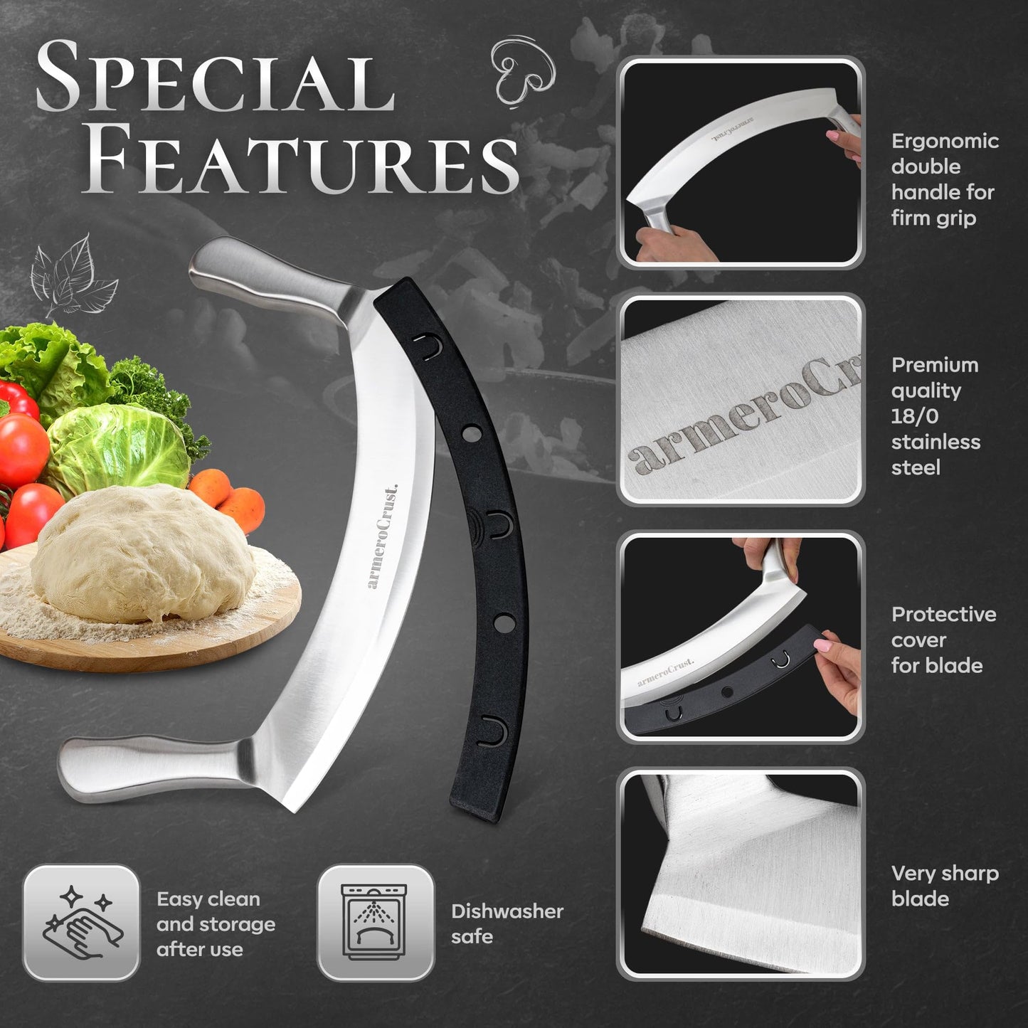 armeroCrust Mezzaluna Knife with Double Handle for Extra Stability - 12 Inches - Pizza Rocker for Precise Slicing of Thick Crust - Grade 18/0 Stainless Steel with Premium Finish