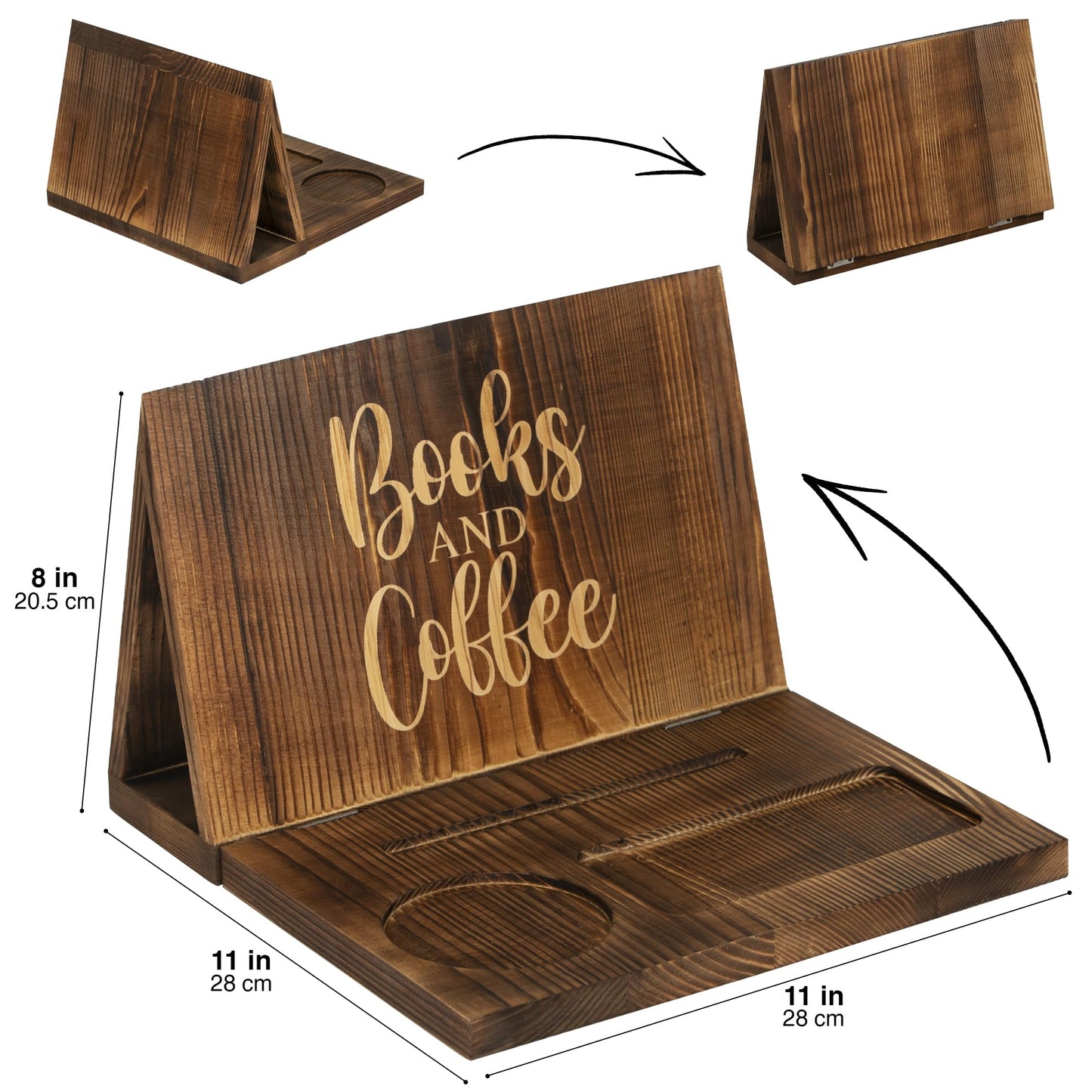 Wooden Book Holder for Page Rest,Book Valet Book Stand with Cup,Glass&Pen Holder,Idea Gift for Book Lover and Table Décor.