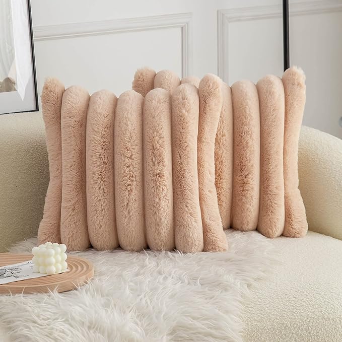 Neelvin Camel Faux Fur Cozy Soft Striped Decorative Throw Pillow Covers 16x16 inch Set of 2,Velvet Pillowcase Cushion Case for Sofa Couch